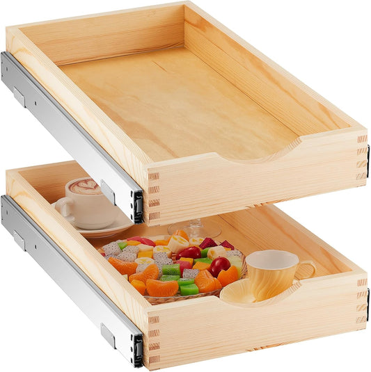 Menkxi 2 Set Pull out Tray Cabinet Organizer Wooden Pull Drawers storage Slide out Pantry Shelf for Base Cabinet Kitchen Gentle Close Fully Assembled Accessories(Wood Color,12'' X 21'' X 3")