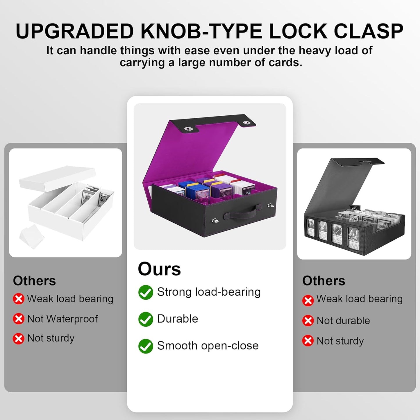 Trading Card Storage Box with Portable Handle, 3000+ MTG Storage Box with 4 Card Stoppers Commander Display Deck Box Card Case Top Loaders MTG TCG Sports Cards Commander Deck Box(Black&Purple)