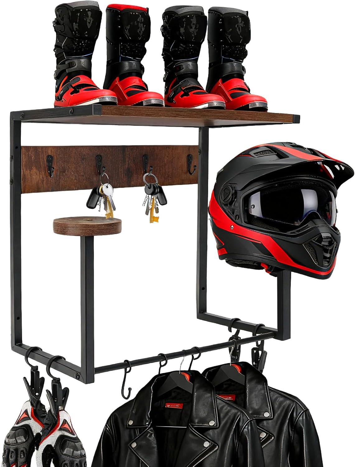 Motorcycle Helmet Wall Mount Rack, Heavy-Duty Helmet Holder with Storage Shelf for Moto Gear Accessories Organization, 2 Helmet Stands, 4 Clips, 9 Hooks for Hanging Gloves, Keys, Jackets