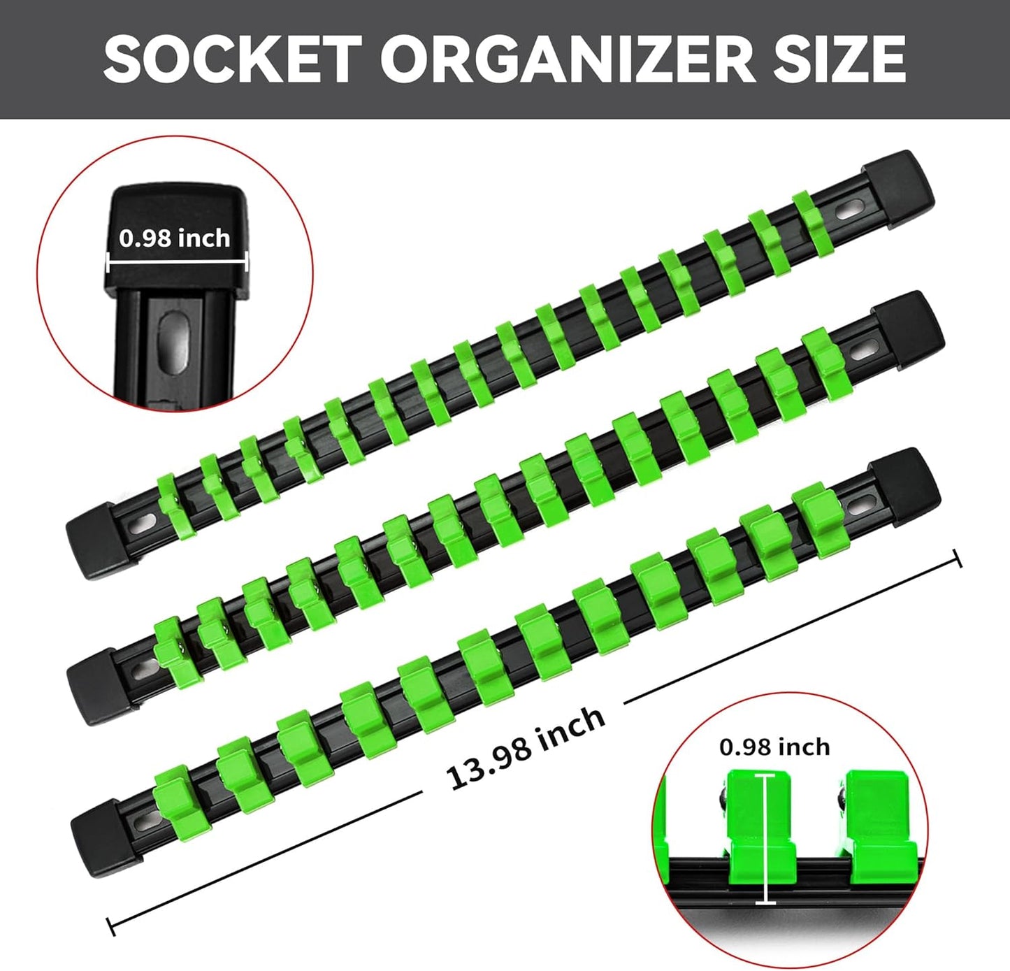 Socket Organizer Drive ABS Tools - Green Socket Holder, Premium Quality 6 Pieces Socket Holders Kit 1/4-Inch x 32 Clips, 3/8-Inch x 30 Clips, 1/2-Inch x 24 Clips（6PC,Green)