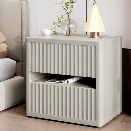 Dripex Fluted Nightstand with 2 Drawers, Large Wide Wood Night Stand Bedside Table for Bedroom, Mid-Century Modern Storage Bed Side Table, End Table for Living Room Sofa Couch, Gray Oak