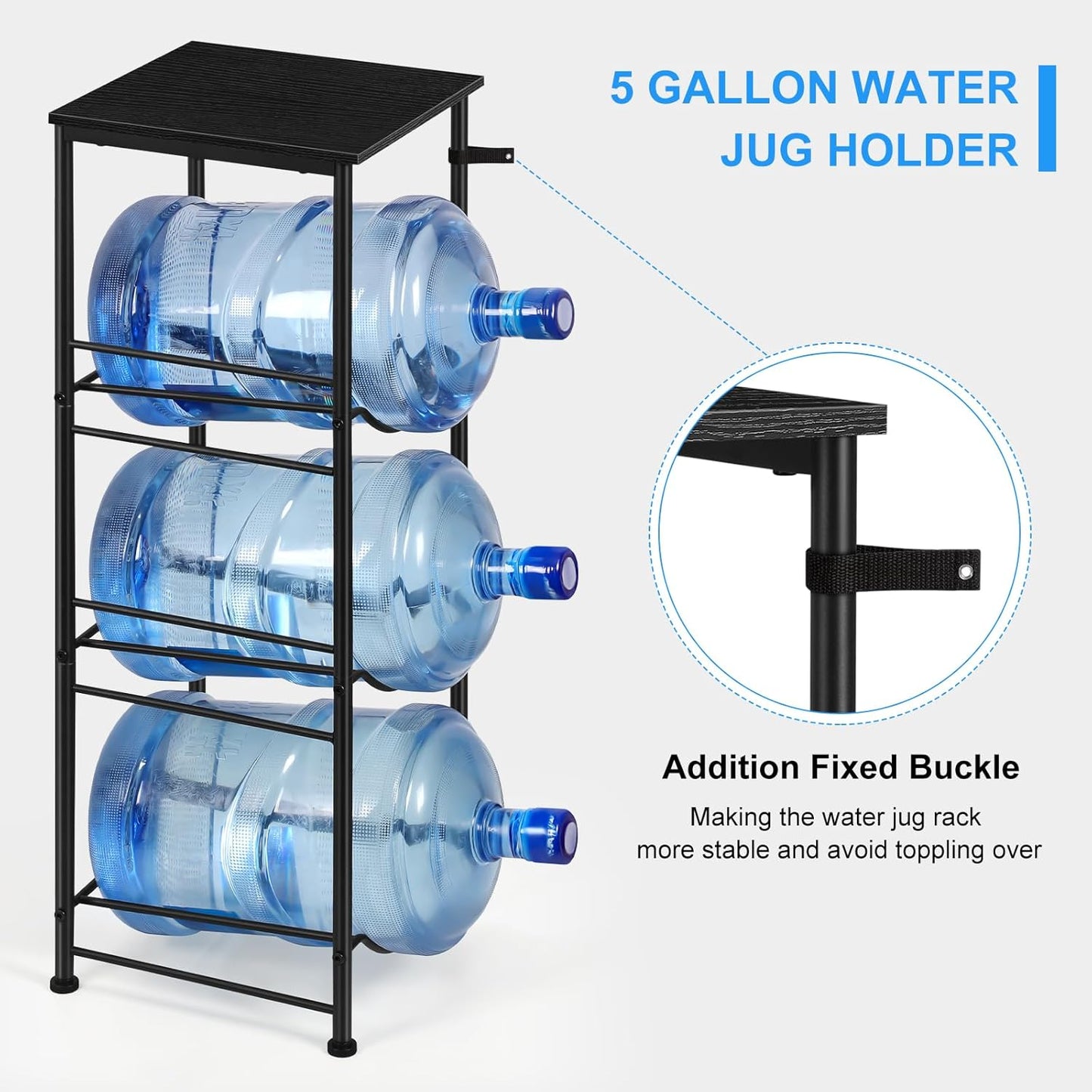 OYEAL Water Jug Holder Stand 5 Gallon Water Bottle Holder Organizer With Shelf, Heavy Duty 3 Tier Water Bottle Storage Rack for Kitchen, Office, Living Room, Black