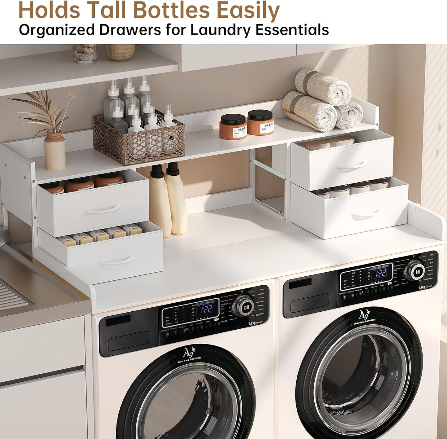 4 Drawers Washer Dryer Countertop with Shelf, 27.5" D x 54" W Laundry Topper with 3.54" High Guardrails and Non-Slip Pads,Extra Storage Organizer for Over Washer and Dryer, Holds 66 Lbs,White
