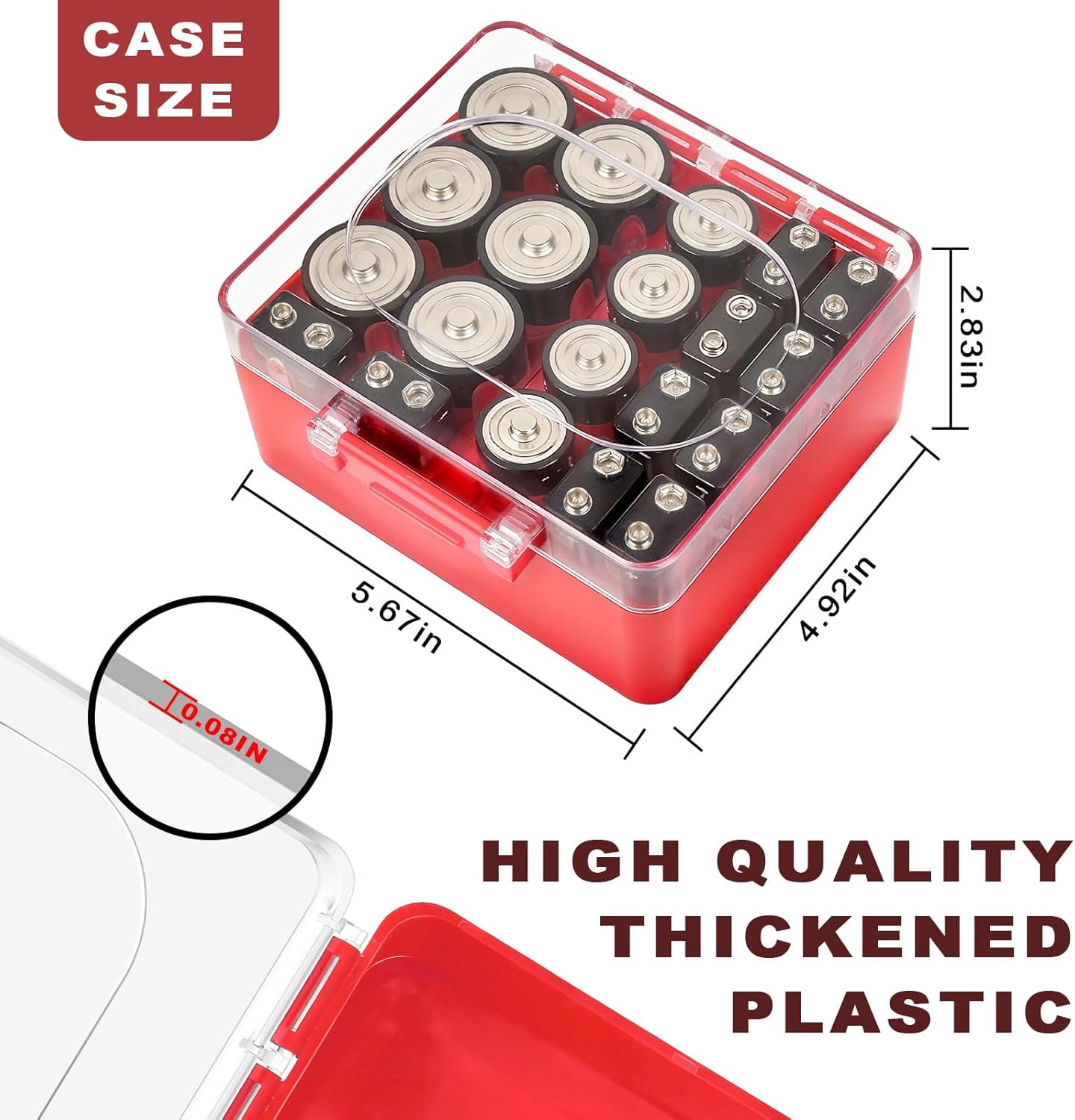 FULLCASE Battery Storage Organizer Box, Holder Container for 20 C D 9V Batteries, Plastic Home Batteries Variety Pack Protective Organization(Case Only) Red