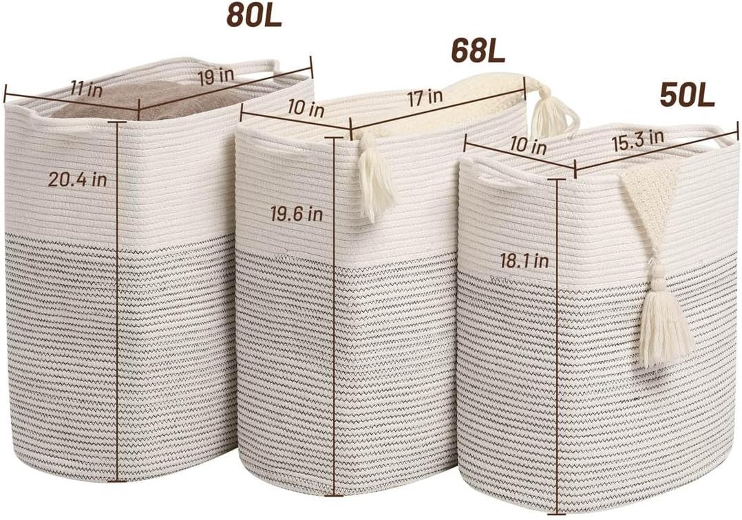 Tall Laundry Basket With Handles,Woven Cotton Rope Big Laundry Hamper Sorters,Versatile Storage for Dirty Clothes,Baby Toys,and Blankets in Bathroom, Nursery,and Living Room (White/Black Line, 80L)