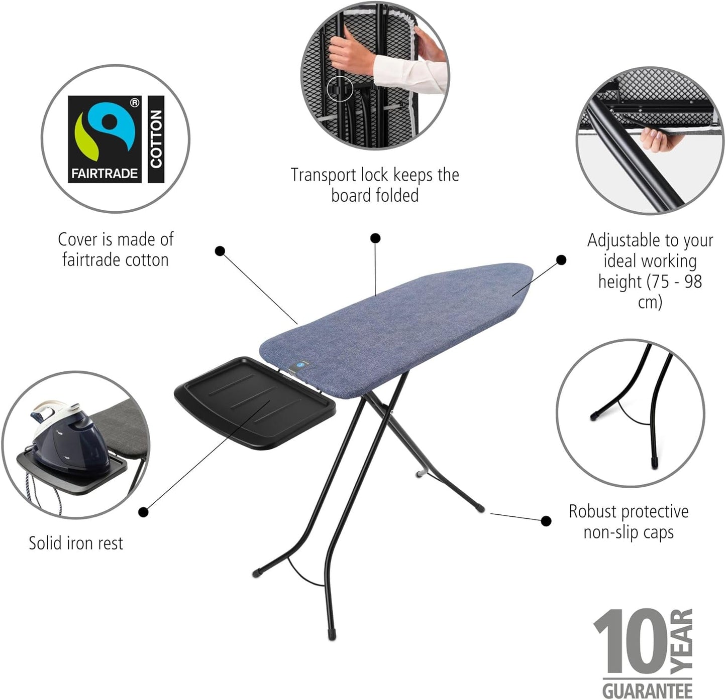 Brabantia - Ironing Board C - Extra Large Steam Iron Rest - Adjustable in Height - Non-Slip Rubber Feet - Cotton Cover with Foam Layer - Foldable XL Unit - Denim Blue - 49 x 18 inches