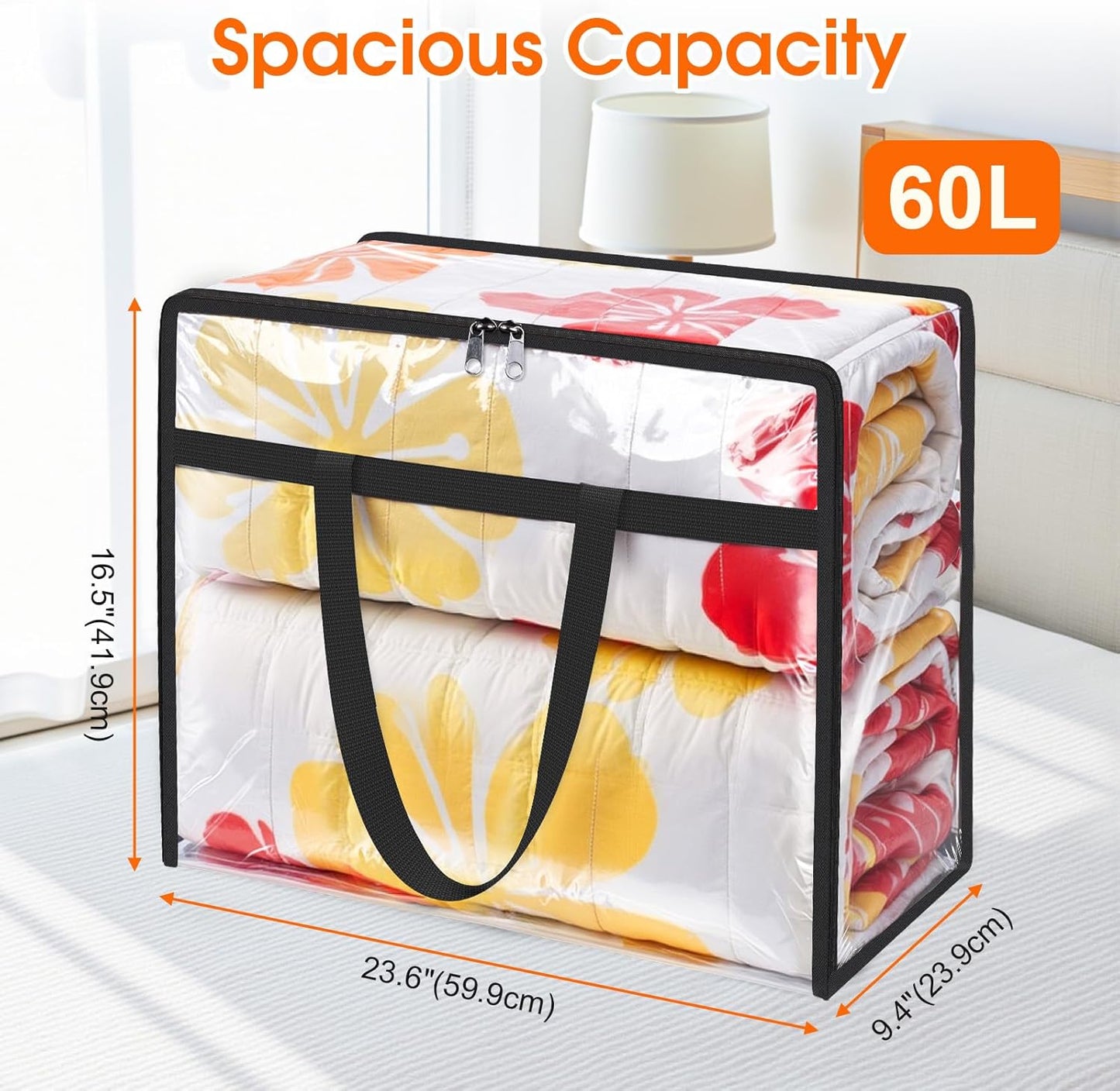 Clear Clothes Storage Bags, 6 Pack Closet Organizers and Under Bed Storage Containers, Foldable Moving Bags with Zippers for Comforter, Blanket, Bedding, Duvet, PVC Packing Bags 60L