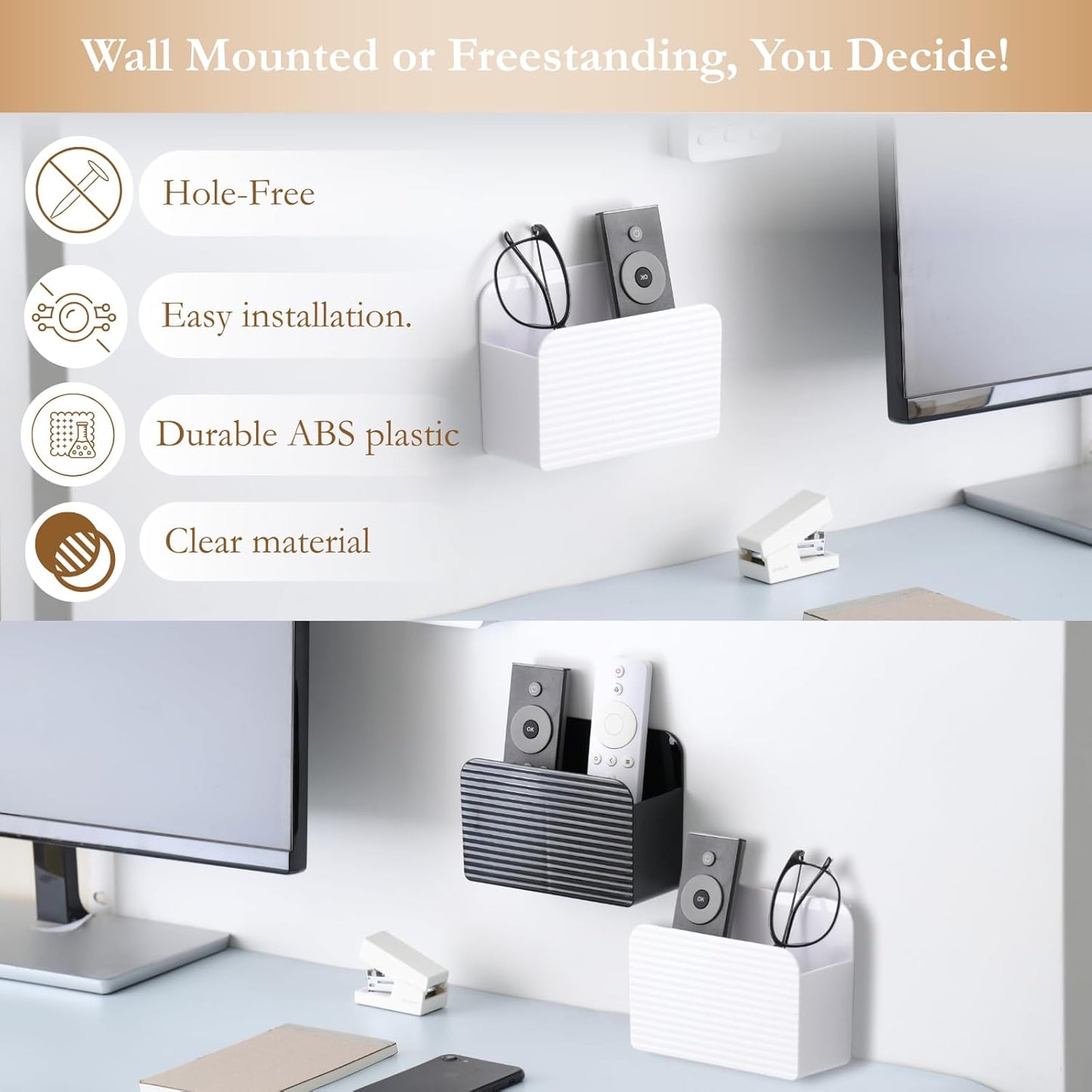 LINFIDITE Adhesive TV Remote Control Holder Wall Mount TV Remote Holder For Bedside Wall Remote Control Caddy Storage Organizer Stand Box （For 2 Or 4 Remote Controls –Whtie – Quantity 1）