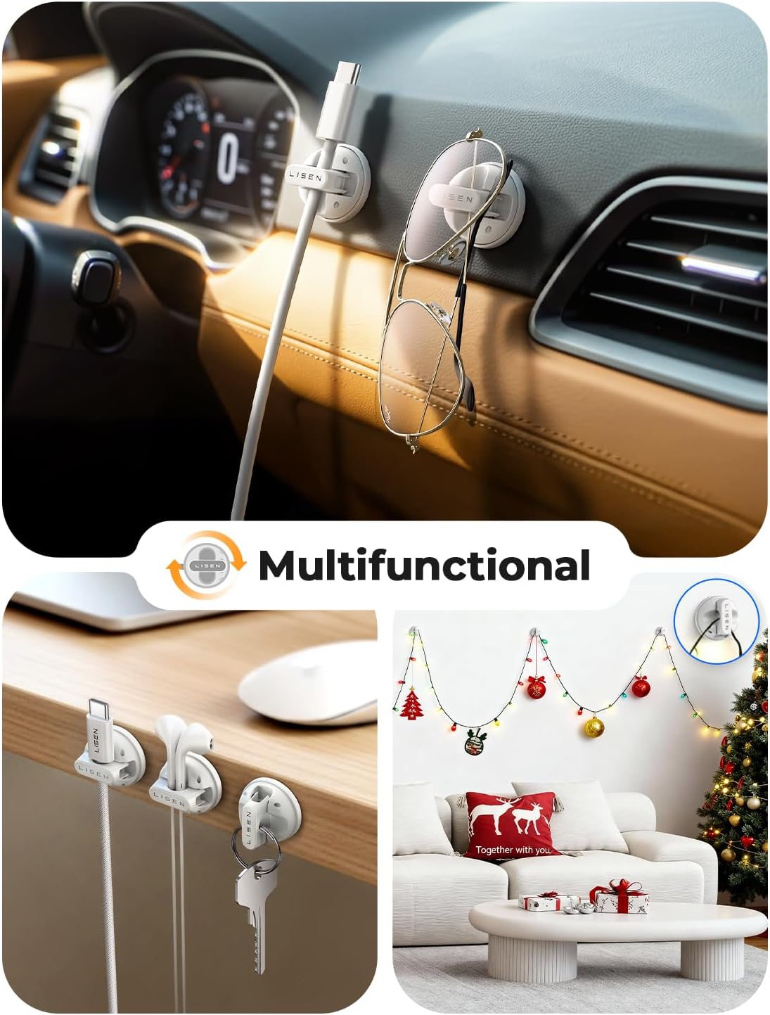 6-Pack Rotatable Cord Holder for Nightstand, LISEN 360°Rotating Magnetic Clips, No-Residue Adhesive Cable Management Clips Neatly for Nightstand, Desk, Home, Office, Car, Cubicle Accessories, White