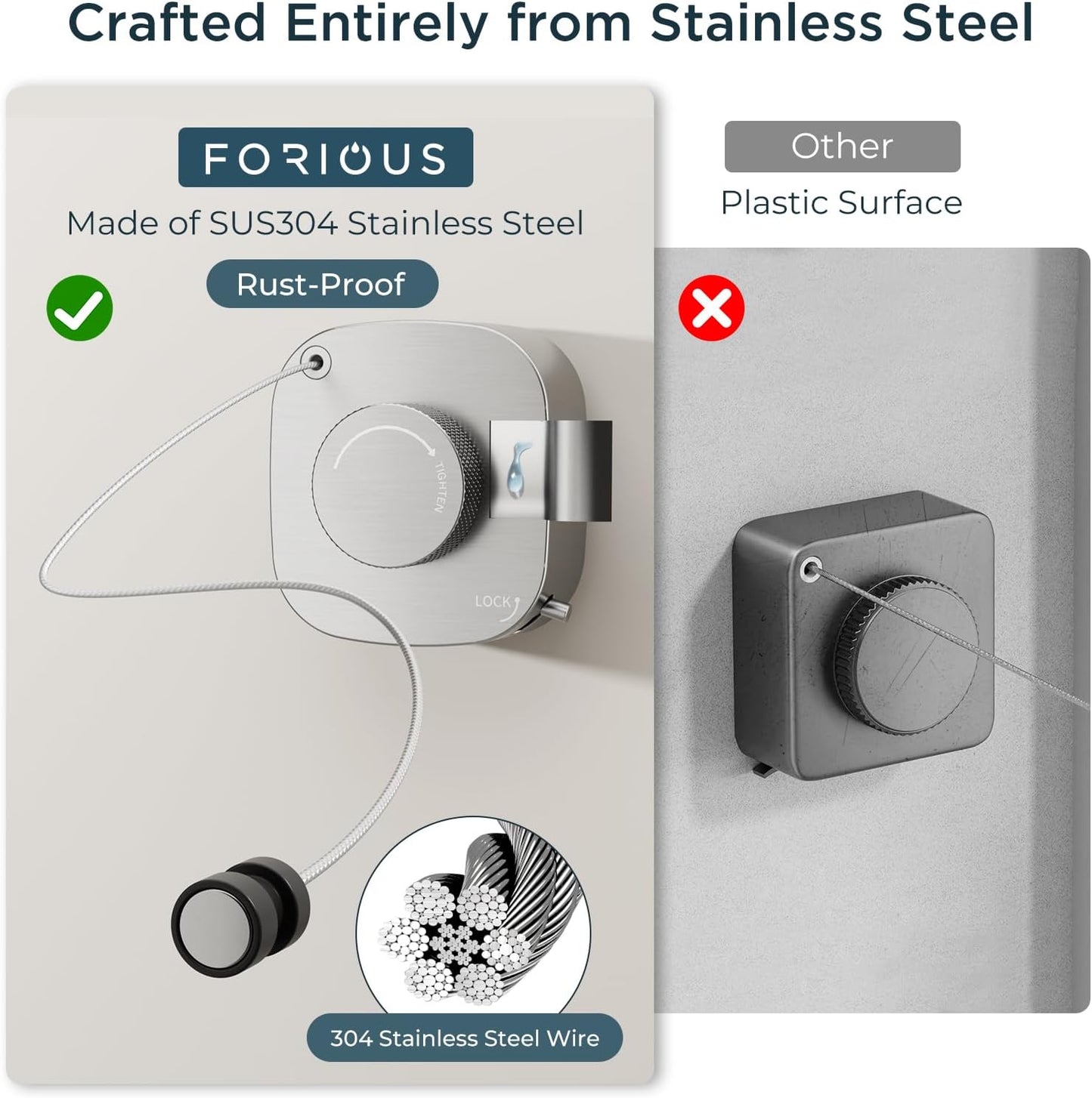 FORIOUS Retractable Clothesline Indoor, 13.8 Ft Non-Sagging Outdoor Clothes Line, Rustproof All Stainless Steel Heavy Duty Clothes Drying Laundry Line, Screw Wall Mounted for Bathroom, Brushed Nickel