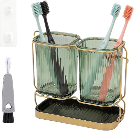 2-Pack Green Toothbrush Holders, Wall Mounted or Countertop Toothbrush Holders with Drain Tray, All-in-One Bathroom Organizers and Storage for Toothpaste, Razors, Family & Kids (Green)