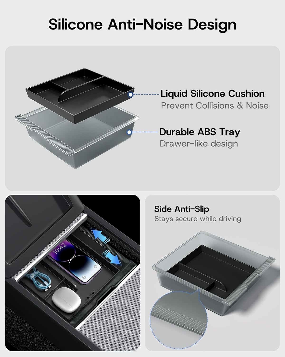 Center Console Organizer Tray for Tesla Model Y Juniper Accessories 2025 2026, [Premium PC + Soft Silicone Liner] Console Organizer & Armrest Storage Box Cup Holder Wireless Charging Mat 8 PCS