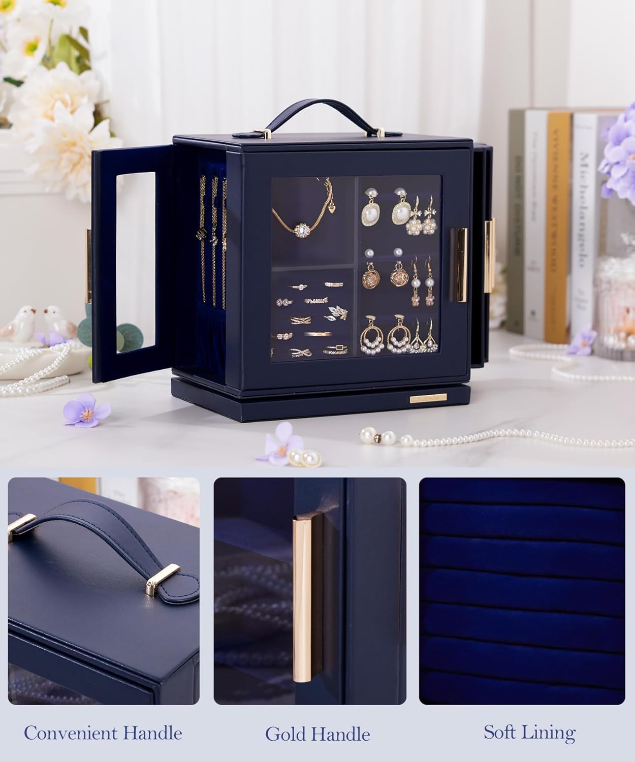 Homde Christmas Gifts Jewelry Box 360° Rotating, Necklace Earring Organizer with Transparent Window, Mirror, 7 Drawers, Large Ring Display Storage Case for Girls Women (Dark Blue)