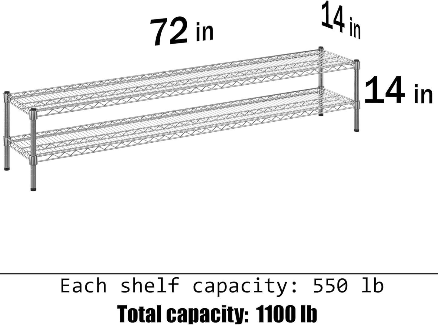 14" Deep x 72" Wide x 14" Height Wire Shelving Kit | 2-Tier | NSF Commercial Storage Rack Unit