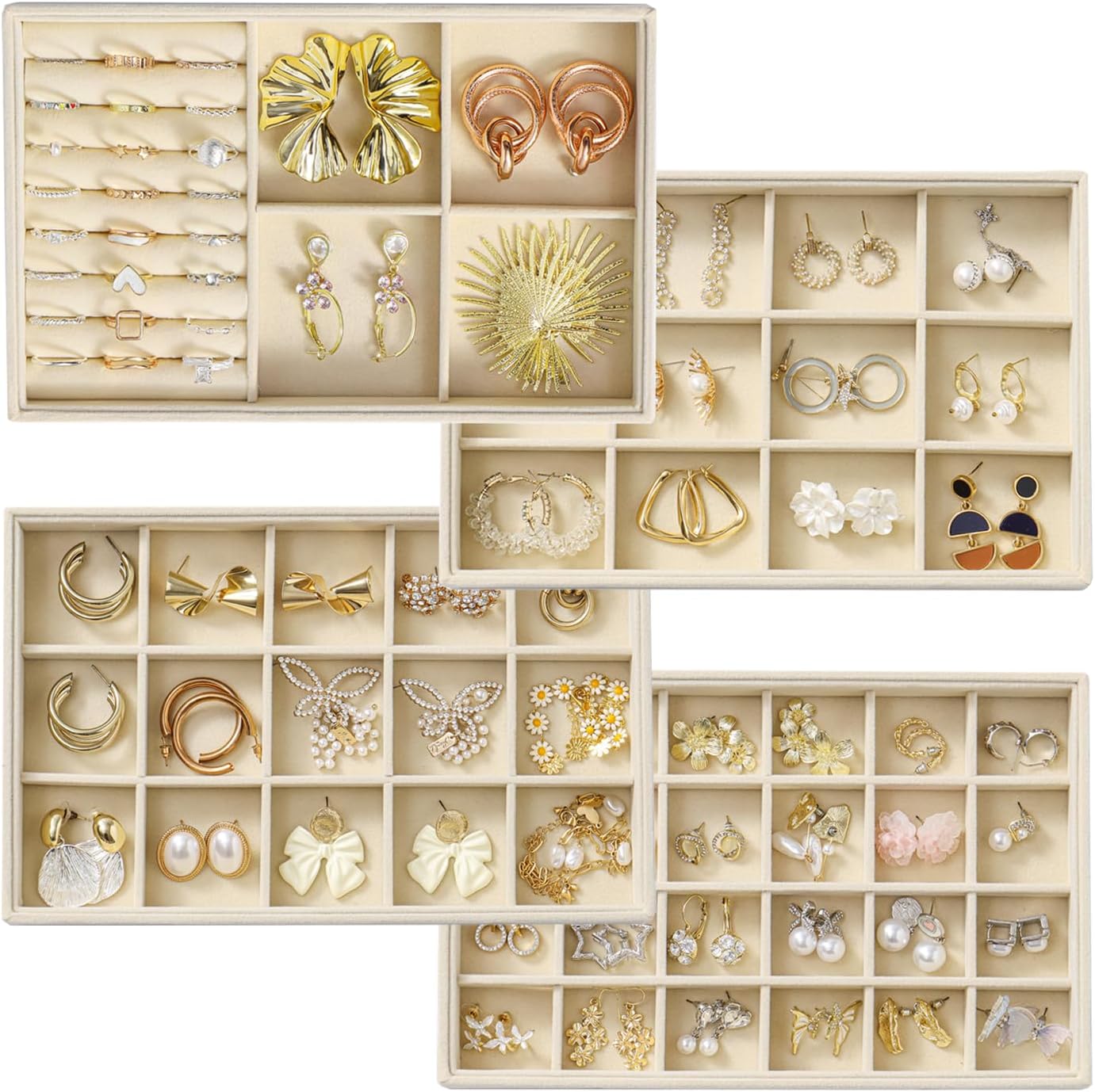 Jewelry Drawer Organizer, 4 Set of Stackable Jewelry Trays for Drawer Inserts Velvet Organizers and Display Storage for Earring Necklace Rings Bracelets (Beige)
