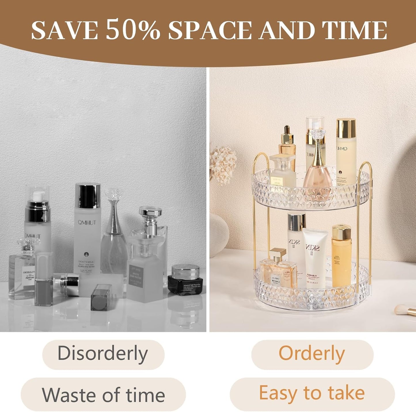 Rotating Makeup Organizer for Vanity, 2 Tier Perfume Skincare Storage for Women, Bathroom Counter Organizer, 360 Spinning Cosmetic Holder for Dresser Countertop, Clear