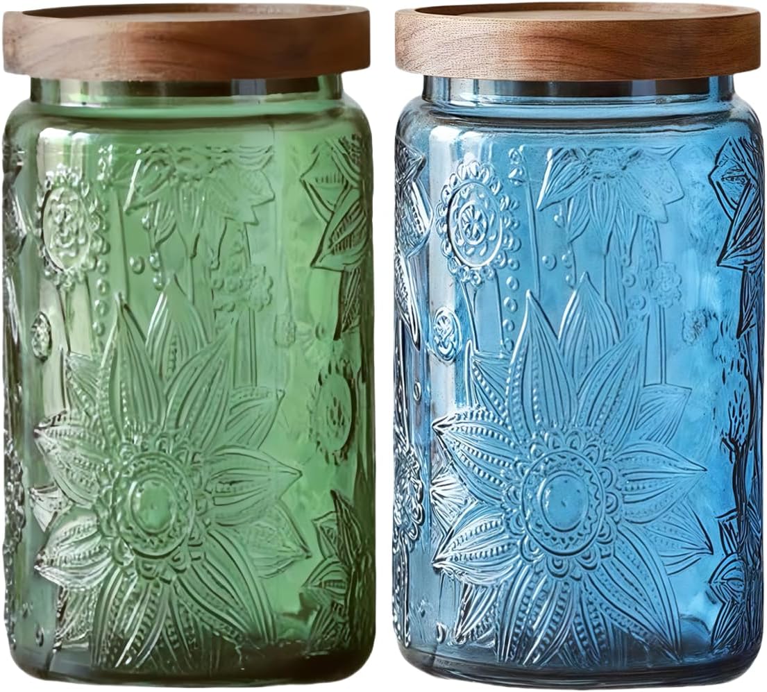 ANSQU Vintage Glass Storage Jar with Lid - 34 oz Mason Jar for Kitchen & Bathroom - Containers for Coffee, Tea, Cookies, Candy, Nuts, Pet Food, Bath Salts - Decorative Pantry Organizer (Blue & Green)