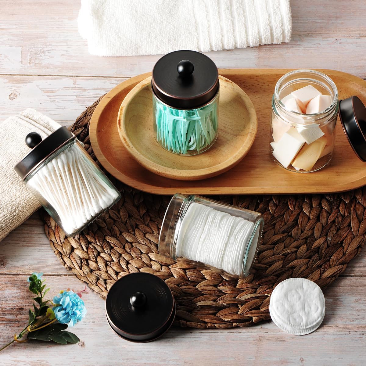 Amolliar Apothecary Jars Bathroom Storage Organizer - Cute Qtip Dispenser Vanity Canister Glass with Lid for Cotton Swabs,Rounds,Bath Salts,Makeup Sponges,Hair Accessories/Oil Rubbed Bronze（2 Pack）