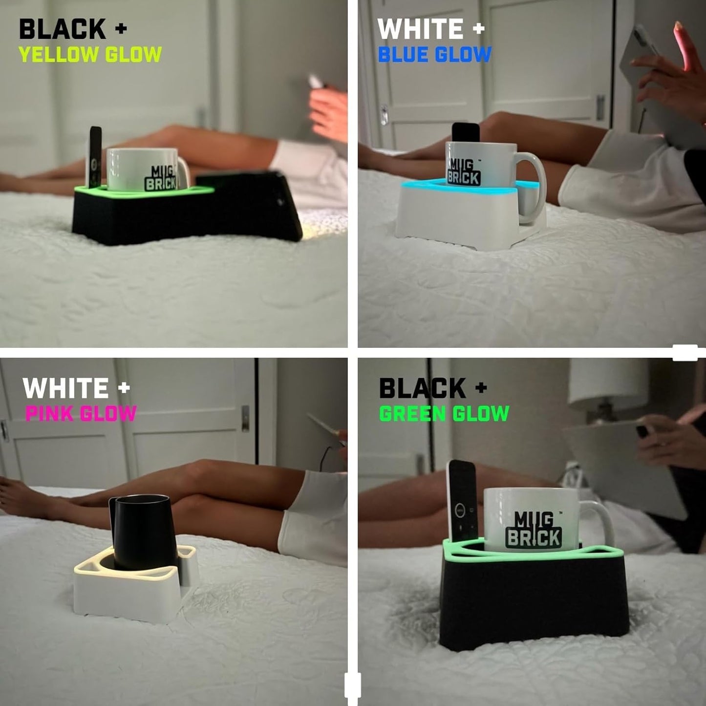 MugBrick Drink Holder for Couch, Bed, Car, Boat - Non-Spill Table and Desk Cup Holder, Tip Proof Spill Prevention Organizer, White + Pink Glow