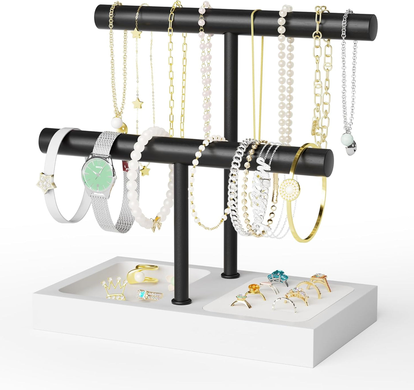SZQINJI Bracelet Holder Organizer Jewelry Display Stand, Solid Wood Base with 2 Tier Metal T-bar for Bracelet Wristband Bangle Watch Necklace Hanging, White, Christmas Gift