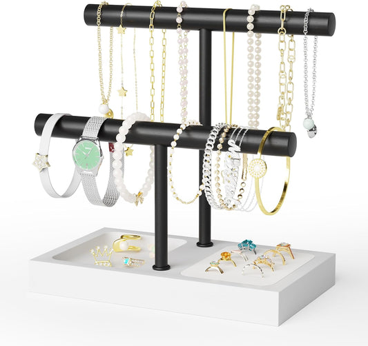 SZQINJI Bracelet Holder Organizer Jewelry Display Stand, Solid Wood Base with 2 Tier Metal T-bar for Bracelet Wristband Bangle Watch Necklace Hanging, White, Christmas Gift
