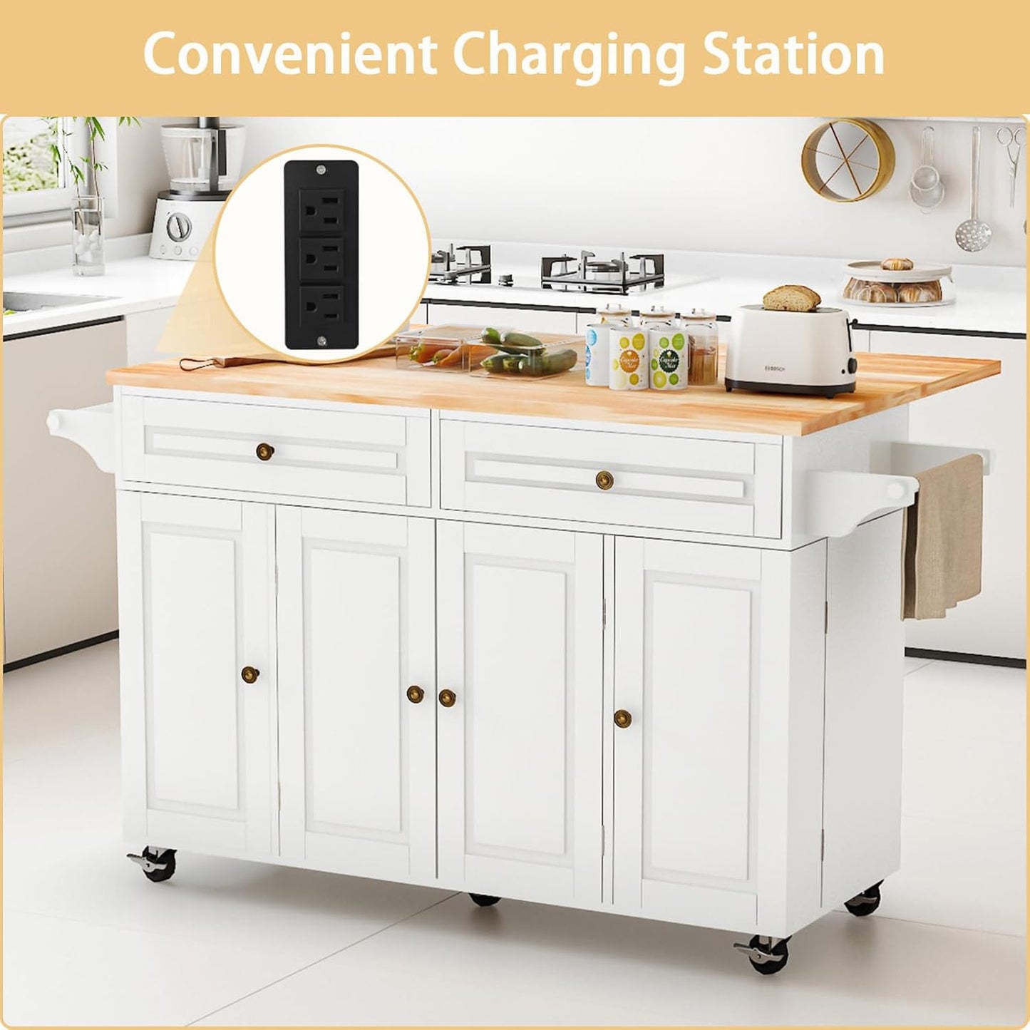 59’’ Rolling Kitchen Island Cart with Drop Leaf and Power Outlet, Movable Kitchen Islands with 3-Tier Door Storage Shelf, Island Table on Wheels, 2 Large Drawers, Towel Racks, White