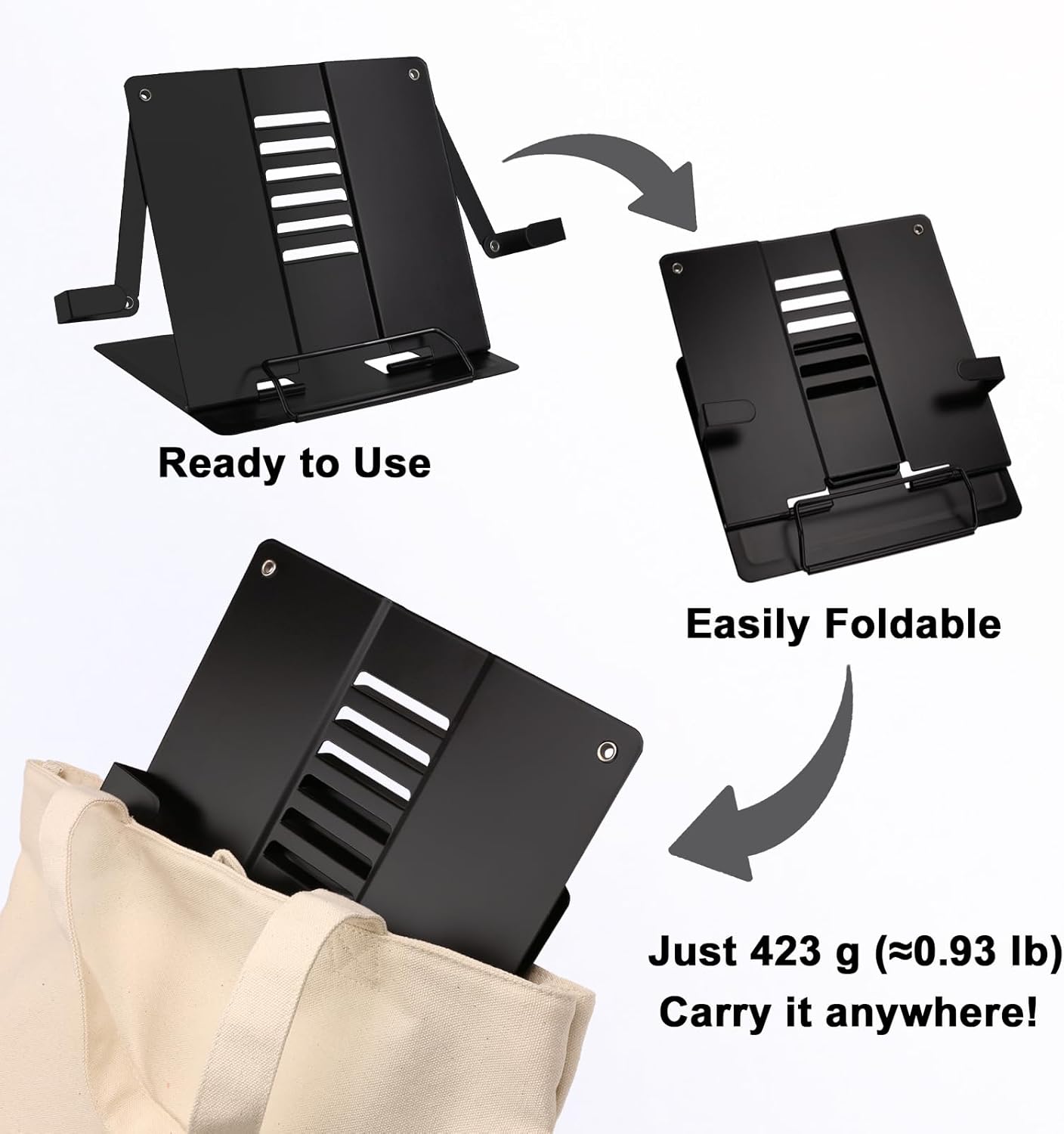 Metal Desk Book Stand for Reading with Adjustable Clips, Hands-Free Foldable Book Holder for Kids, Portable Document Stand for Desk, Display Stand for Recipes, Cookbooks, Tablets - Black
