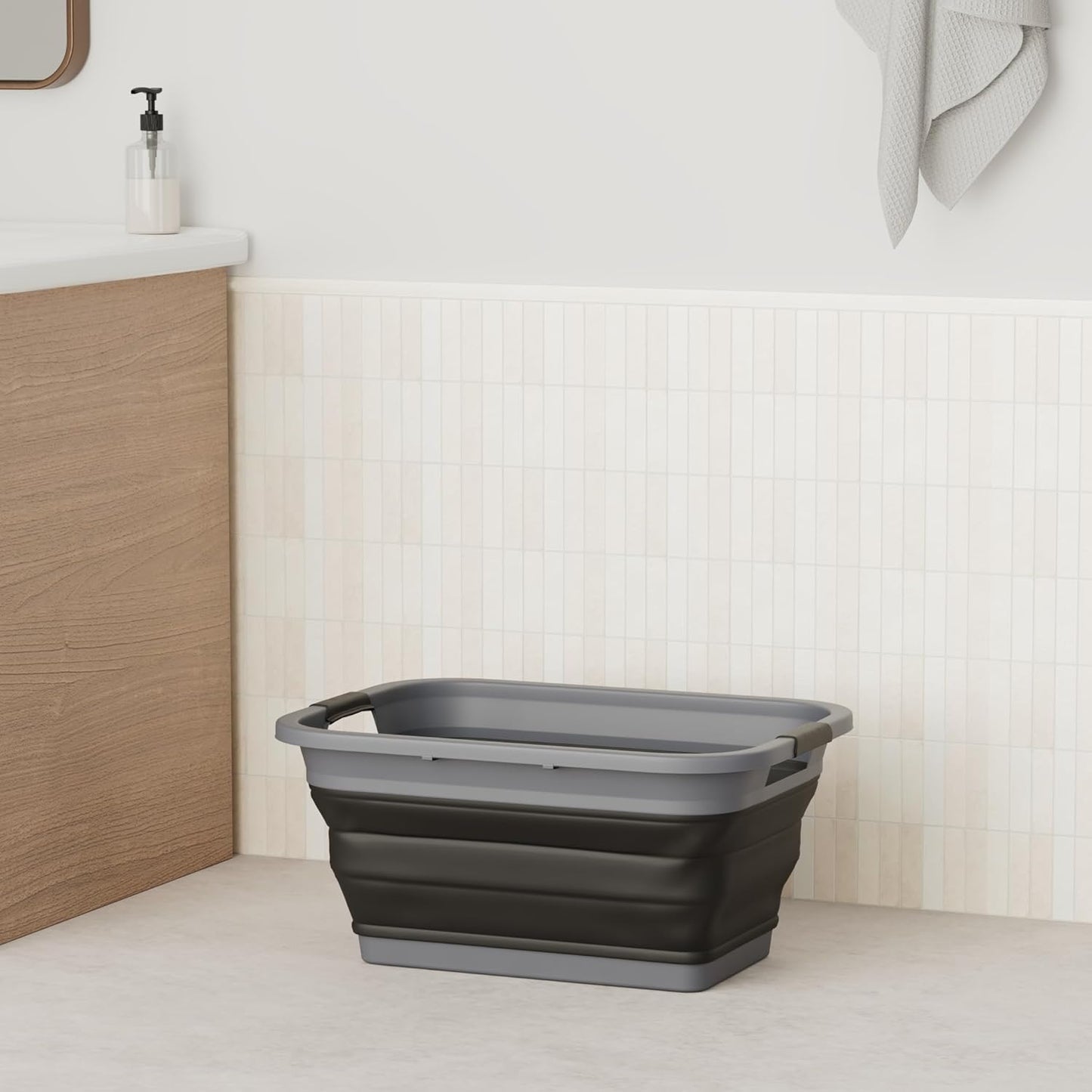 SAMMART 41L (10.8 gallon) Collapsible Plastic Laundry Basket - Foldable Pop Up Storage Container/Organizer - Portable Washing Tub - Space Saving Hamper/Basket, (Rectangular, Grey/Black)