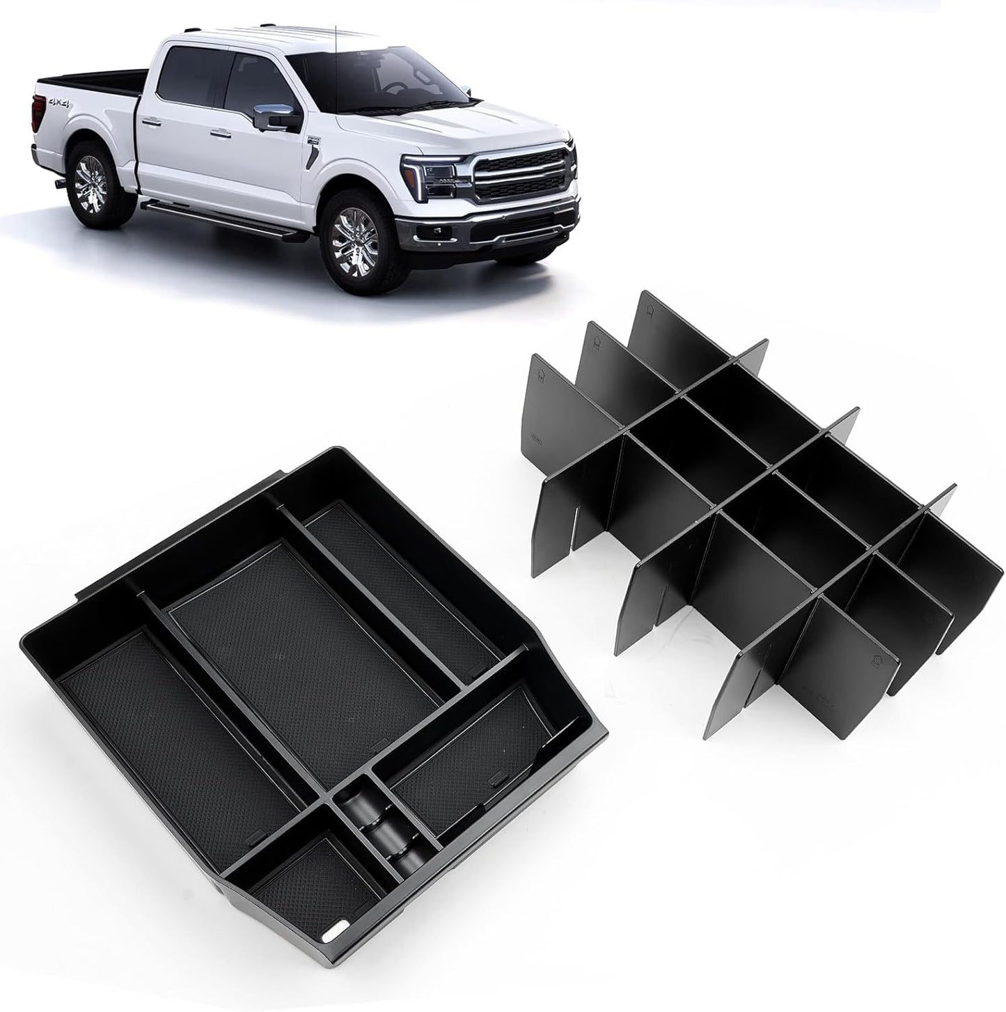 ELECFRESH 2PCS Center Console Organizer for 2024 2023 2022 2021 Ford F150 Accessories, Armrest Storage Box and 16-Compartments Divider for Ford F150