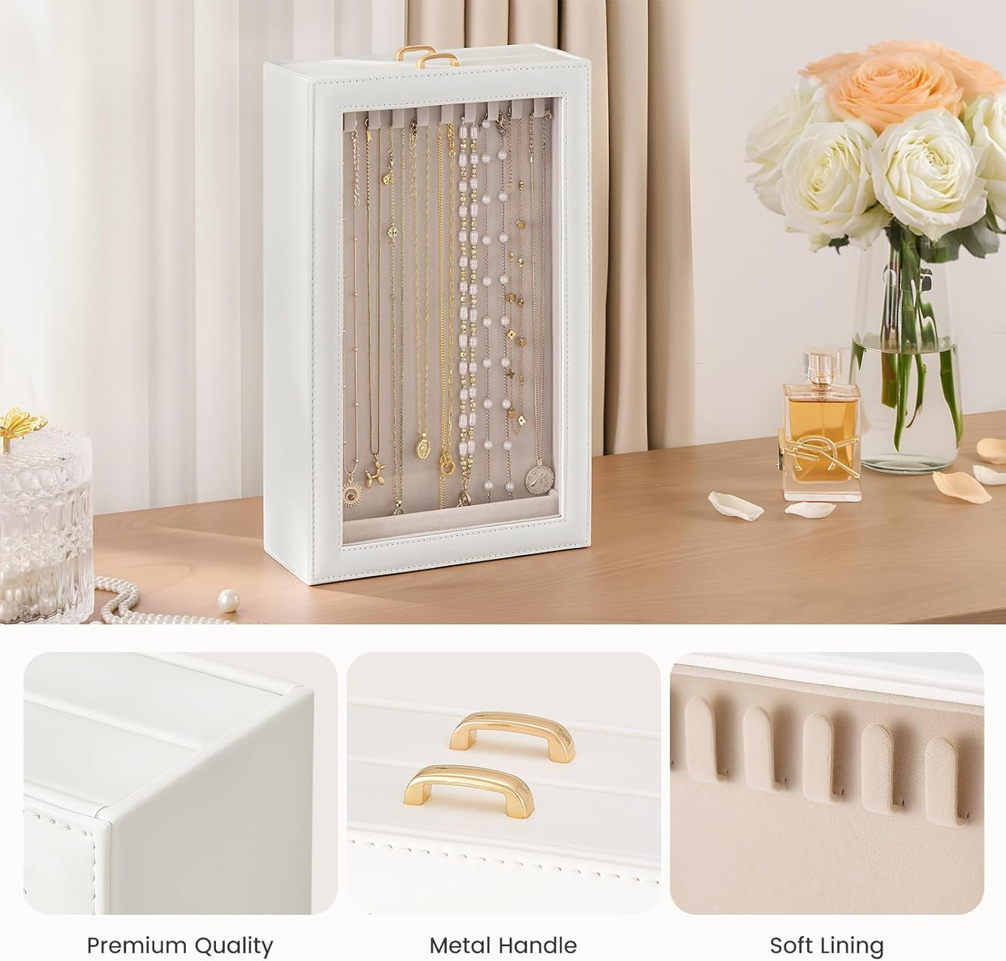 Lolalet Necklace Organizer Box, 2-Layer Jewelry Storage Boxes with Clear Lid for Necklaces, Tangle-Free Necklace Display Case for Women Girls -White