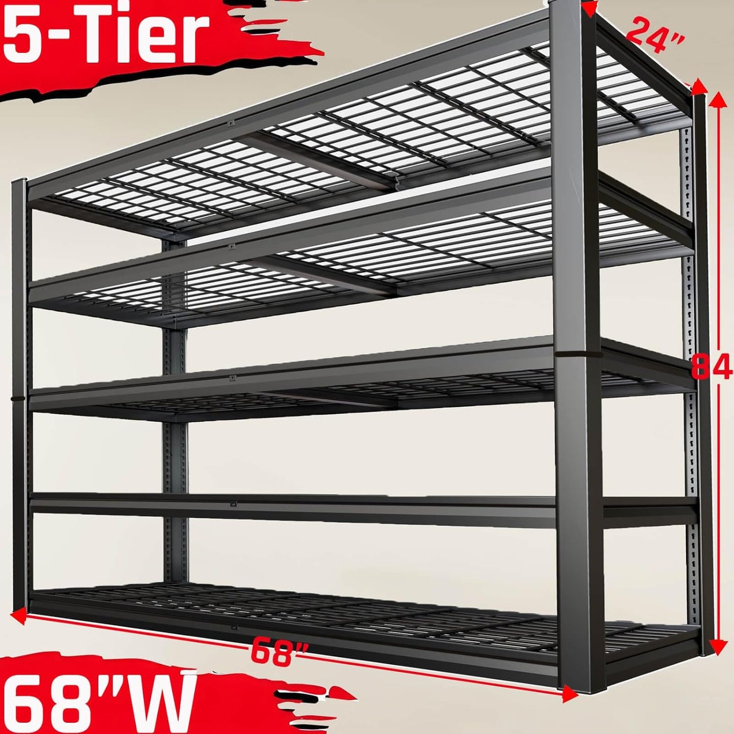 68" Wide Heavy Duty Garage Shelving Units, 5-Tier Deep Storage Shelves,Black Metal Garage Shelves,Steel Shelf,Large Storage Rack,Industrial Shelving for Shop, 68" W x 24" D x 84" H