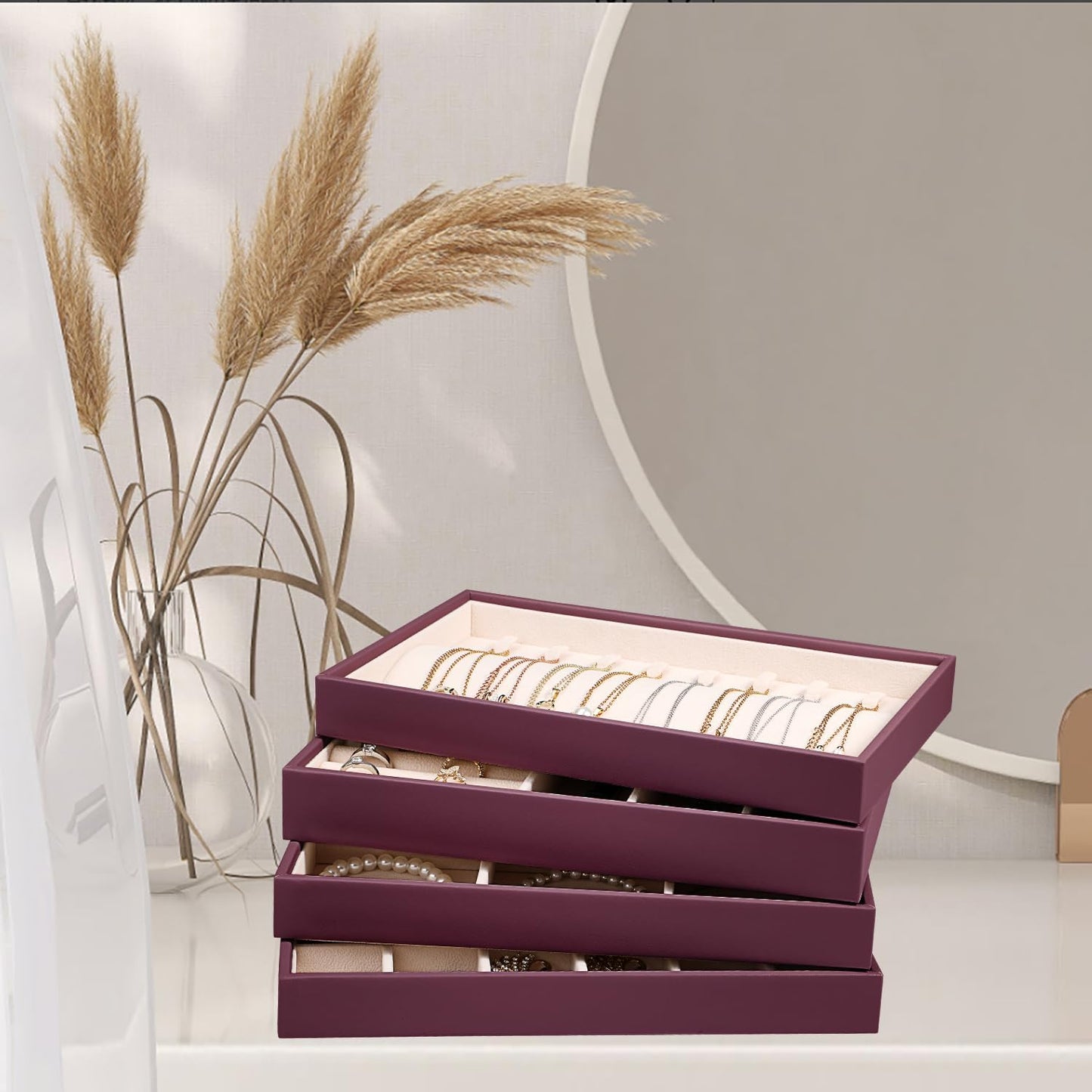 LANDICI Stackable Jewelry Organizer Trays 4 Set,PU Leather Jewelry Organizer Drawer,Jewelry Storage Display Tray for Earring Necklace Rings Bracelet with Removable Dividers,Purple