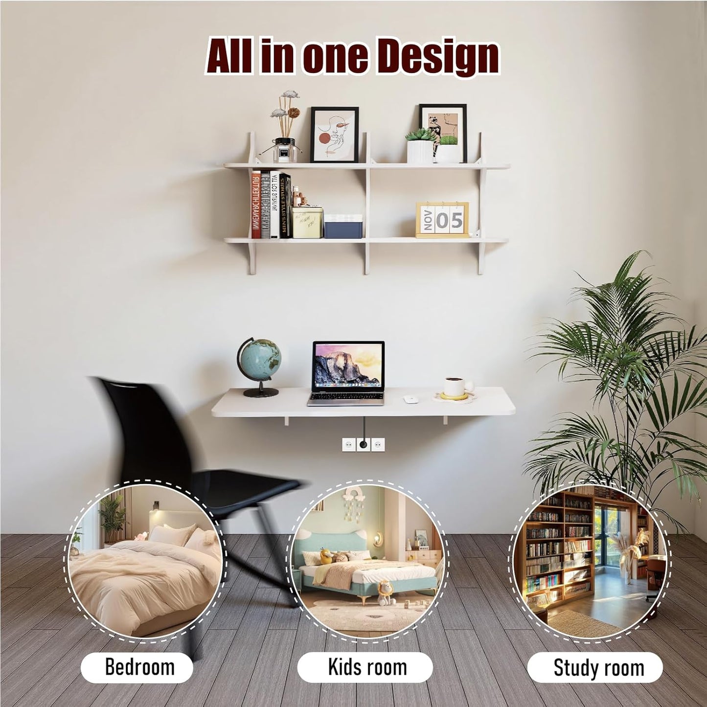 Pmnianhua Wall Mounted Folding Table, 47'' Floating Laptop Desk with Shelves, Foldable Drop Leaf Table, Wall Mount Fold Down Table for Laundry Room Kitchen Bar Home Office Small Space(White)