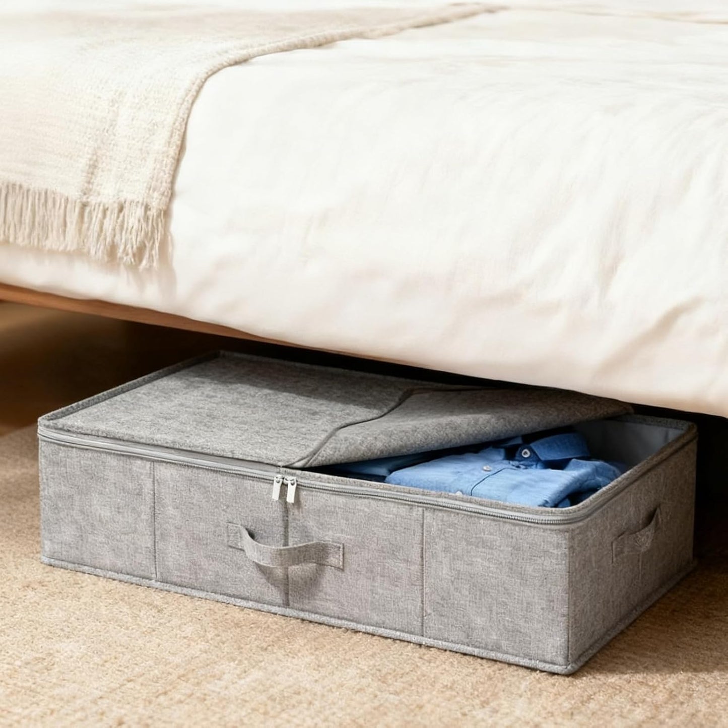 2PCS Under Bed Storage Bags with Lid, 10cm Low Underbed Storage Box, Foldable Fabric Clothes Organizer with Handle and Zip, Multipurpose Large Capacity Bedroom Organizer Box for Bedding Duvets