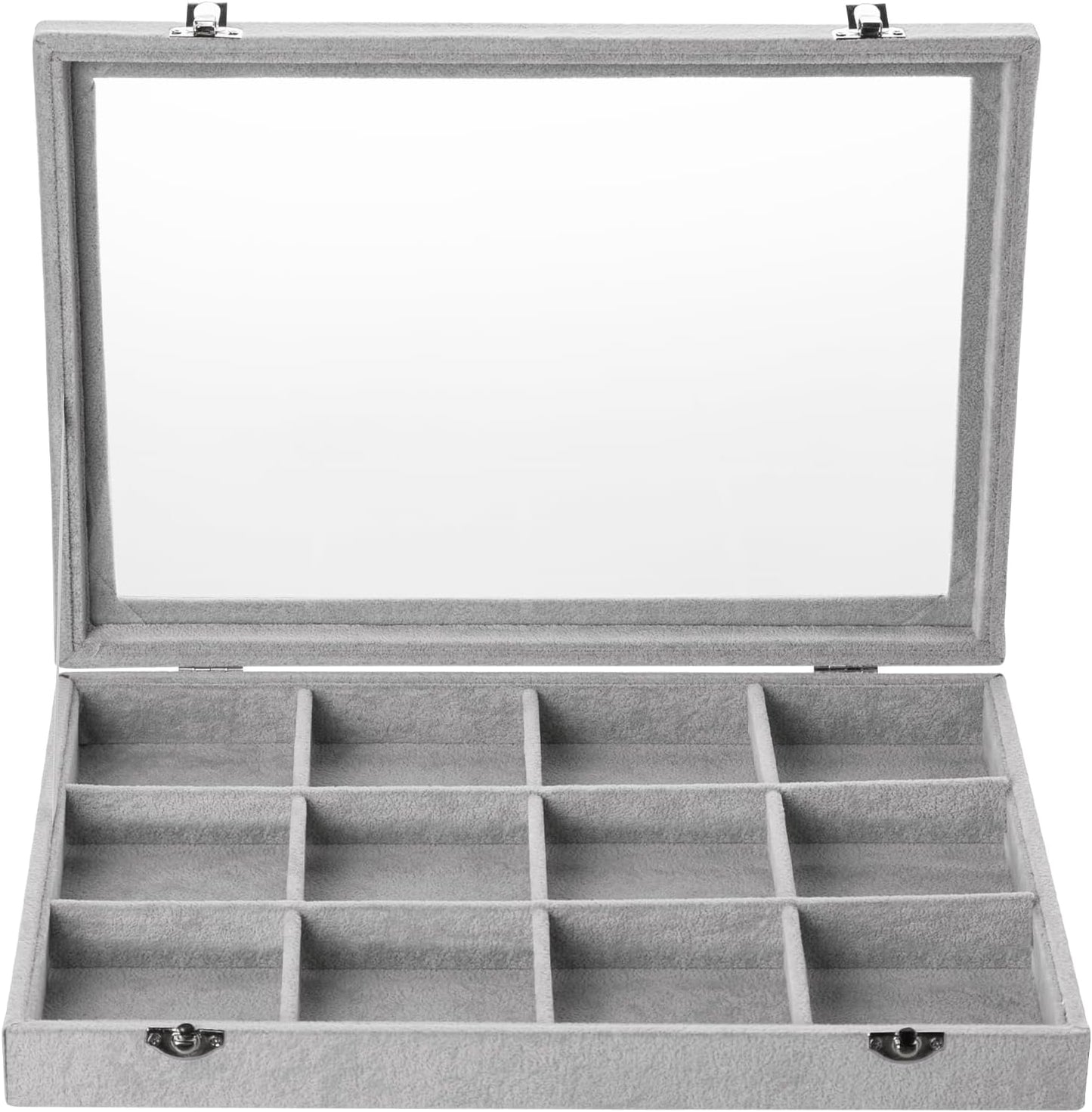 Frebeauty Velvet Jewelry Tray,12 Grid Jewelry Organizer with Clear Lid,Bracelets Holder,Jewelry Display Case with Clasp,Drawer Insert Bangle Brooch,13.8 x 9.5 x 2 Inches,Gift for Women Girls(Grey)
