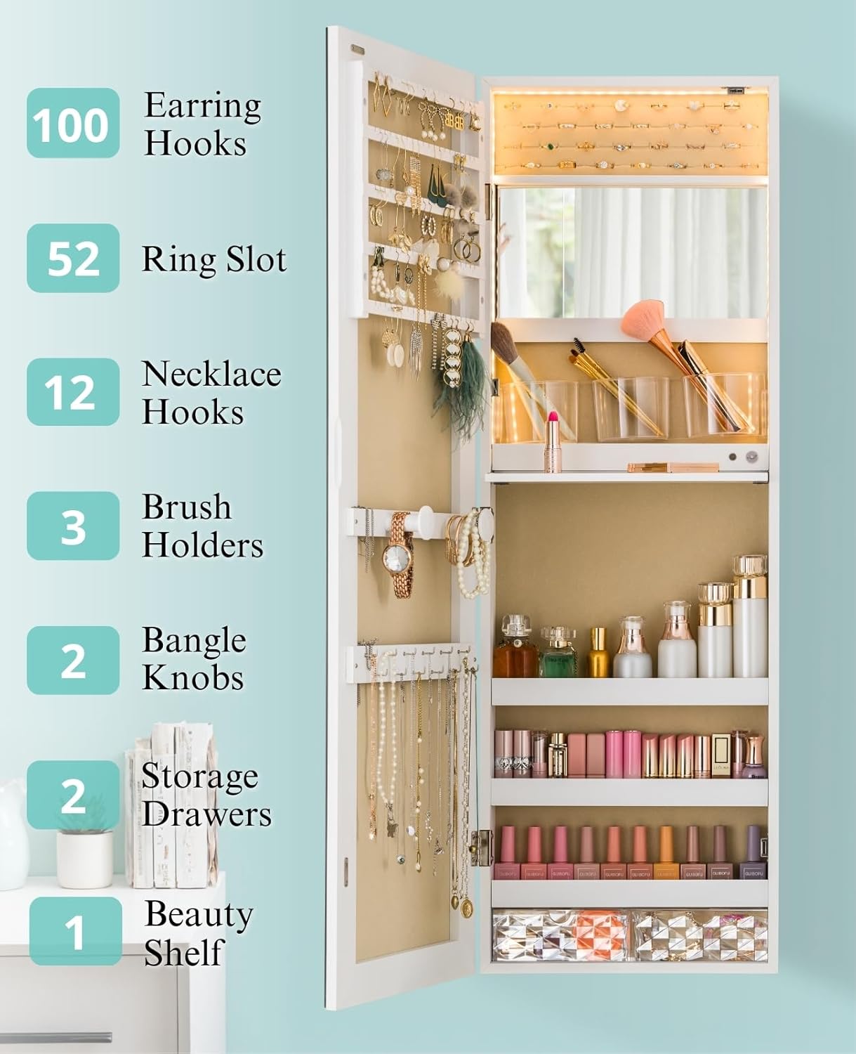 LUXFURNI Mirror Jewelry Cabinet Wall Mounted with lights, 42" Tall Over The Door Hanging Jewelry Armoire, 3 Color Modes Jewelry Mirror Storage, Vanity Table with Interior Mirror, White