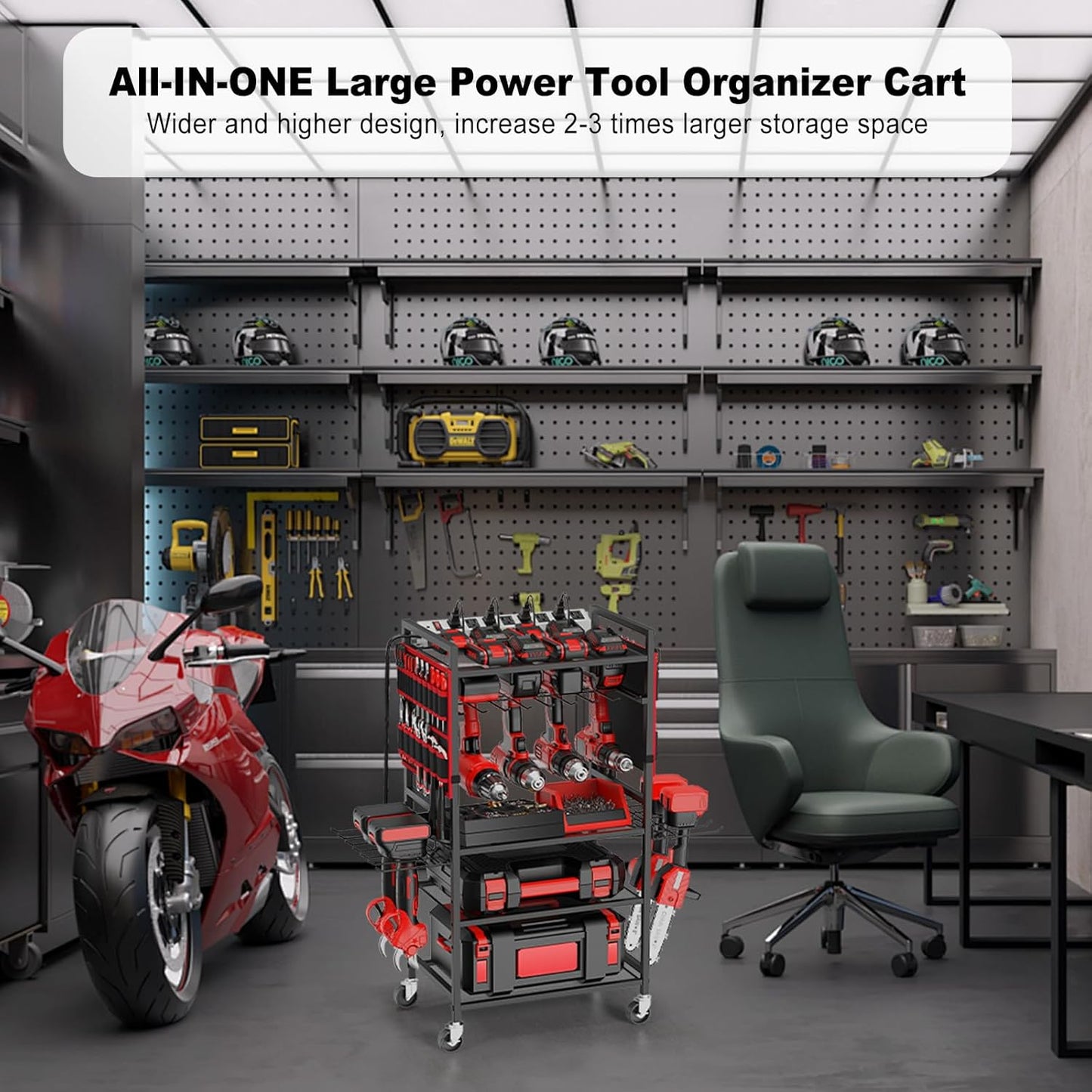 JUNNUJ Garage Large Power Tool Organizer Cart with 20A Charing Station, Heavy Duty Drill and Tools Battery Holder Storage Rack, Floor Standing Rolling Tool Cart on Wheels, Red