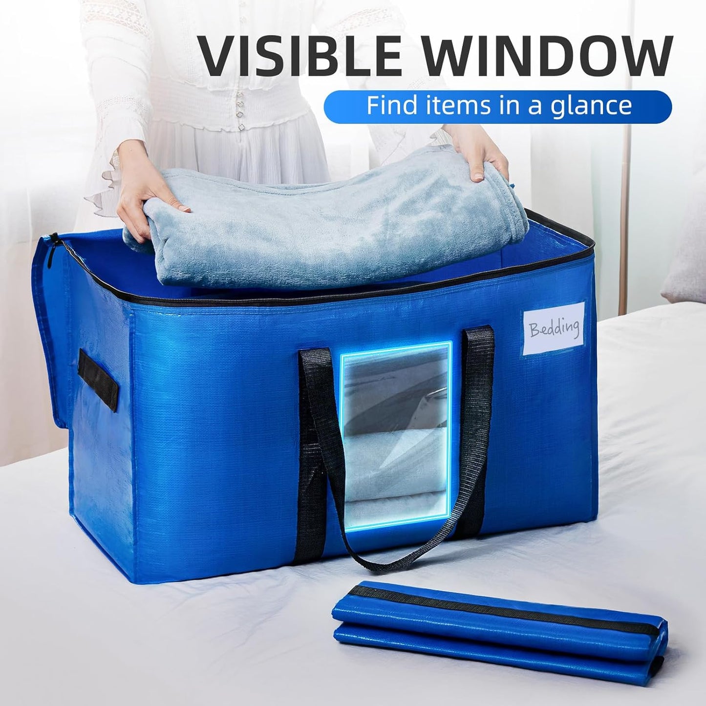 TAILI Extra Large Moving Bags, 12 Pack Blue Heavy Duty Totes for Storage with Visible Window, Wrap Around Handles, Storage Bags for Space Saving, Alternative to Moving Boxes