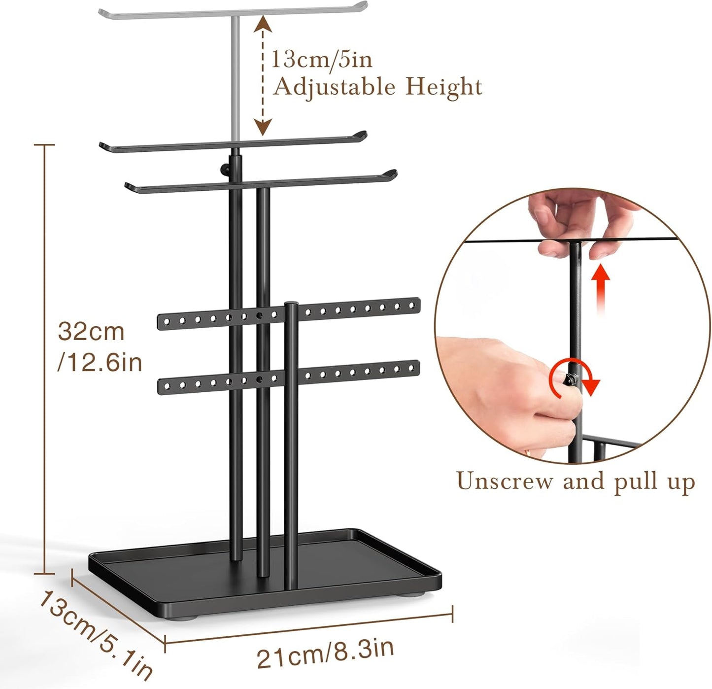 Jewelry Holder Organizer Stand - Adjustable Jewelry Tree 17.5" Height (Max), Jewlery Hanger for Necklaces, Bracelets, Earrings, Aesthetic for Storage and Display, Metal, Black