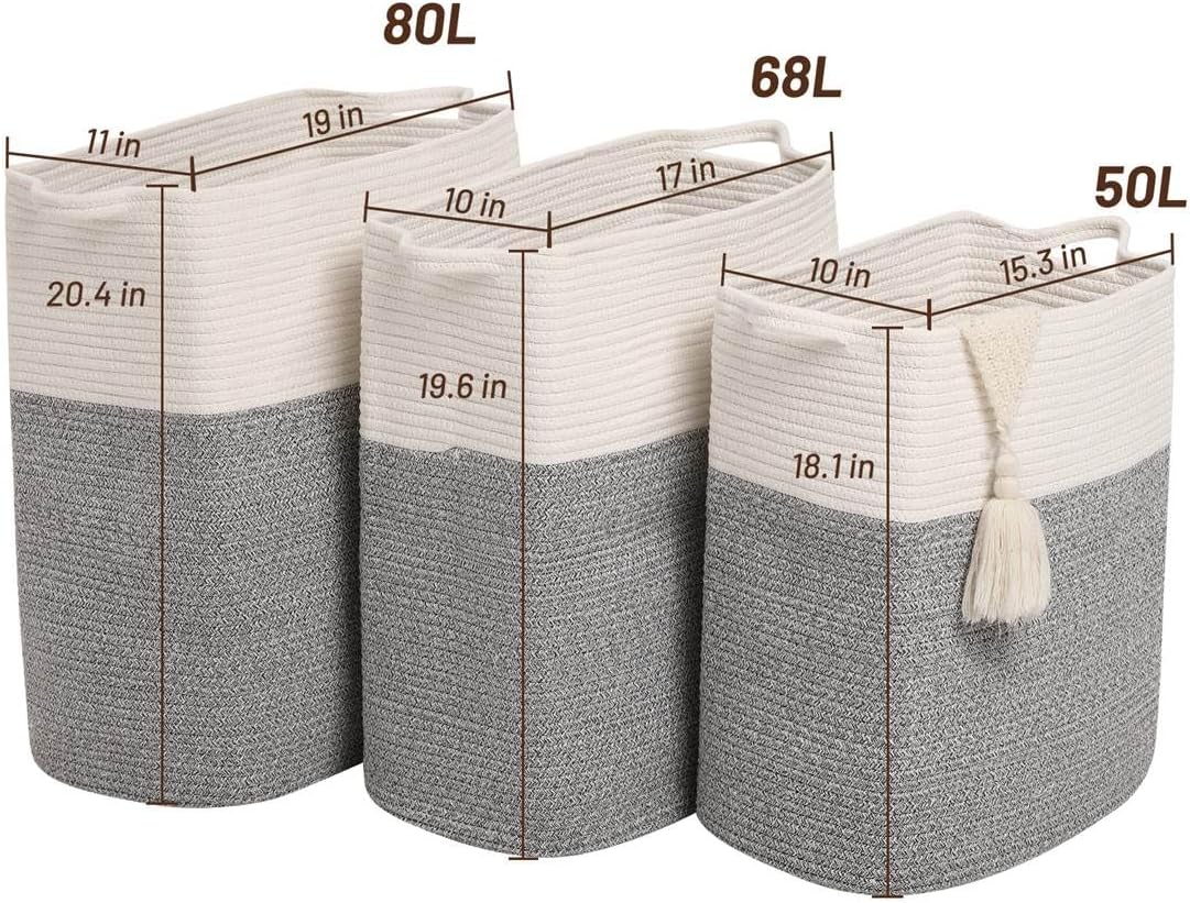 Tall Laundry Basket With Handles,Woven Cotton Rope Big Laundry Hamper Sorters,Versatile Storage for Dirty Clothes,Baby Toys,and Blankets in Bathroom, Nursery,and Living Room (Silver Gray, 50L)