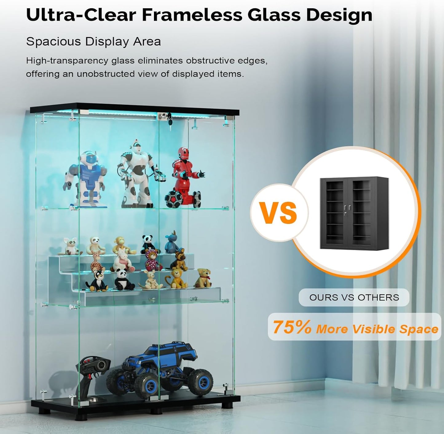 VINGLI Glass Display Cabinet with 3 Shelves, Double Doors and Lock, Floor Standing Curio Cabinets with LED Light, Upgraded Tempered Glass Bookshelf, for Living Room Living Room Bedroom Office, Black