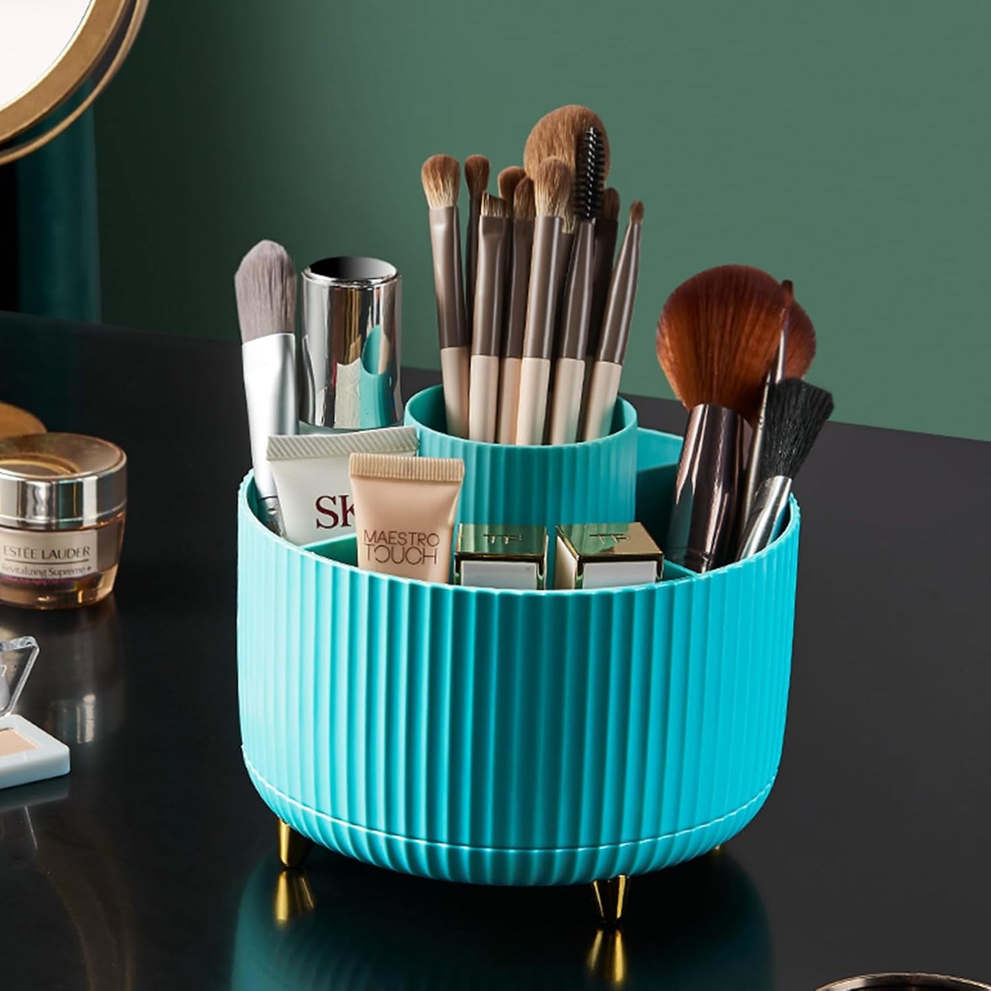 360° Rotate Makeup Brush Holder Organizer, Makeup Organizers Countertop, Makeup organization and Skincare Storage with Gift Box Packing for Vanity, Desktop, Bathroom (Blue)