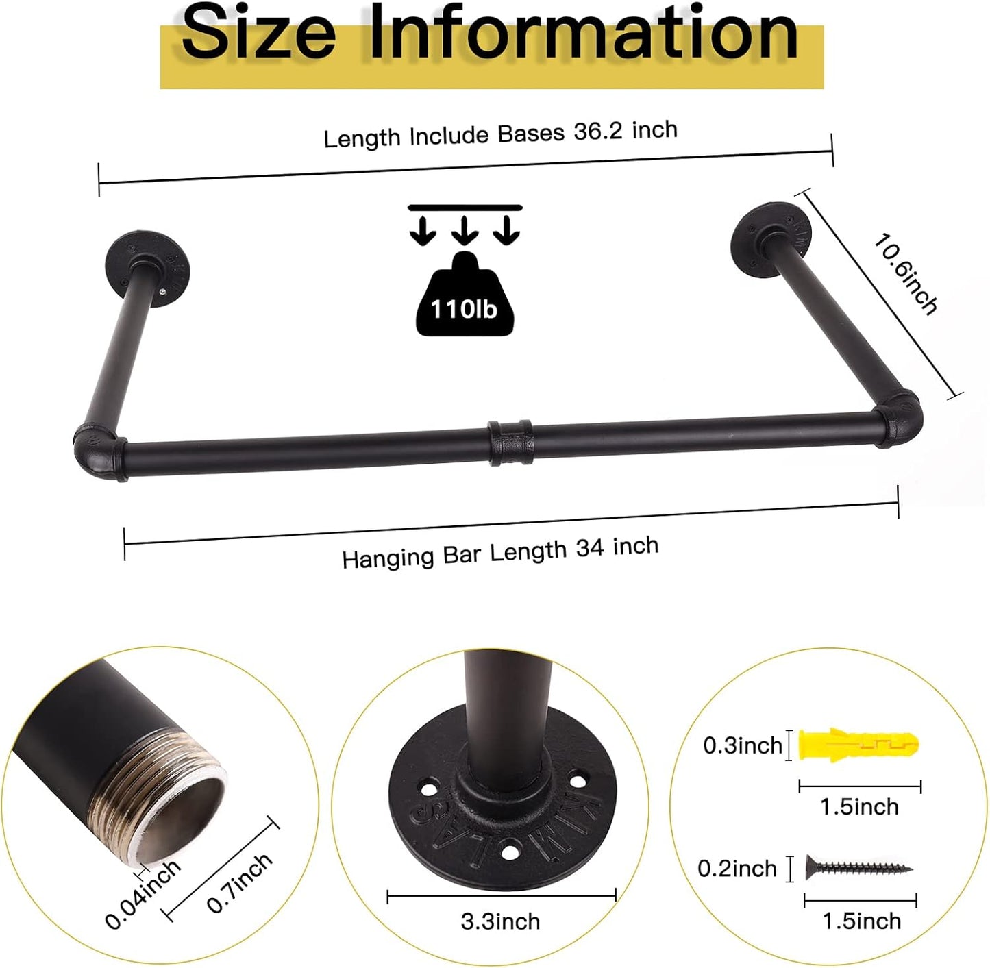 36” Wall Mounted Clothes Rack, Industrial Pipe Black Iron Garment Bar, Heavy-Duty Detachable Clothing Rod, Multi-Purpose Metal Wall display Hanging Pole for Closet Storage, Laundry Room 2 Base