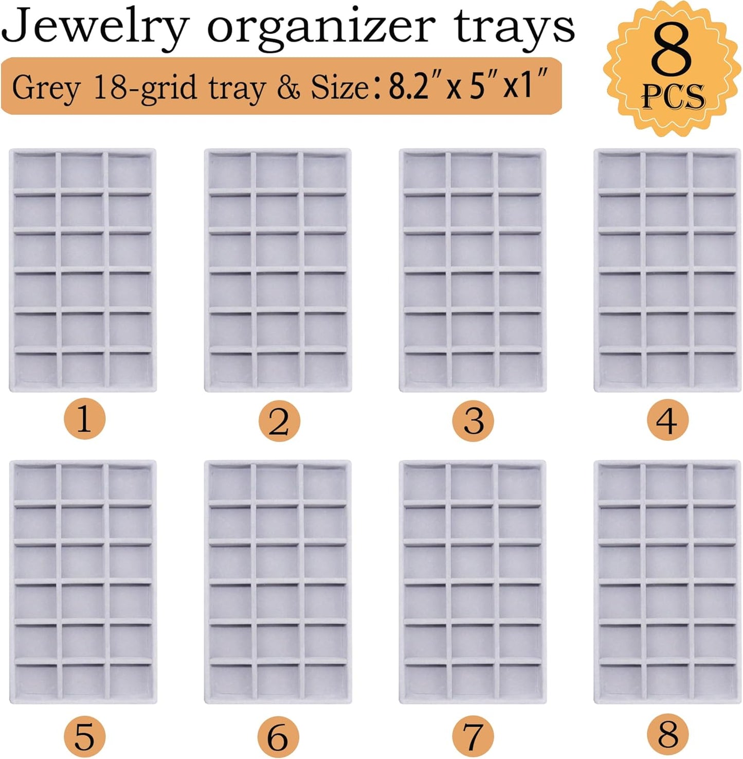 8 Pack Earring Organizer Holder Velvet Jewelry Tray for Drawer Stackable Jewelryy Organizer Divided Display Tray for Earring 18 Grids