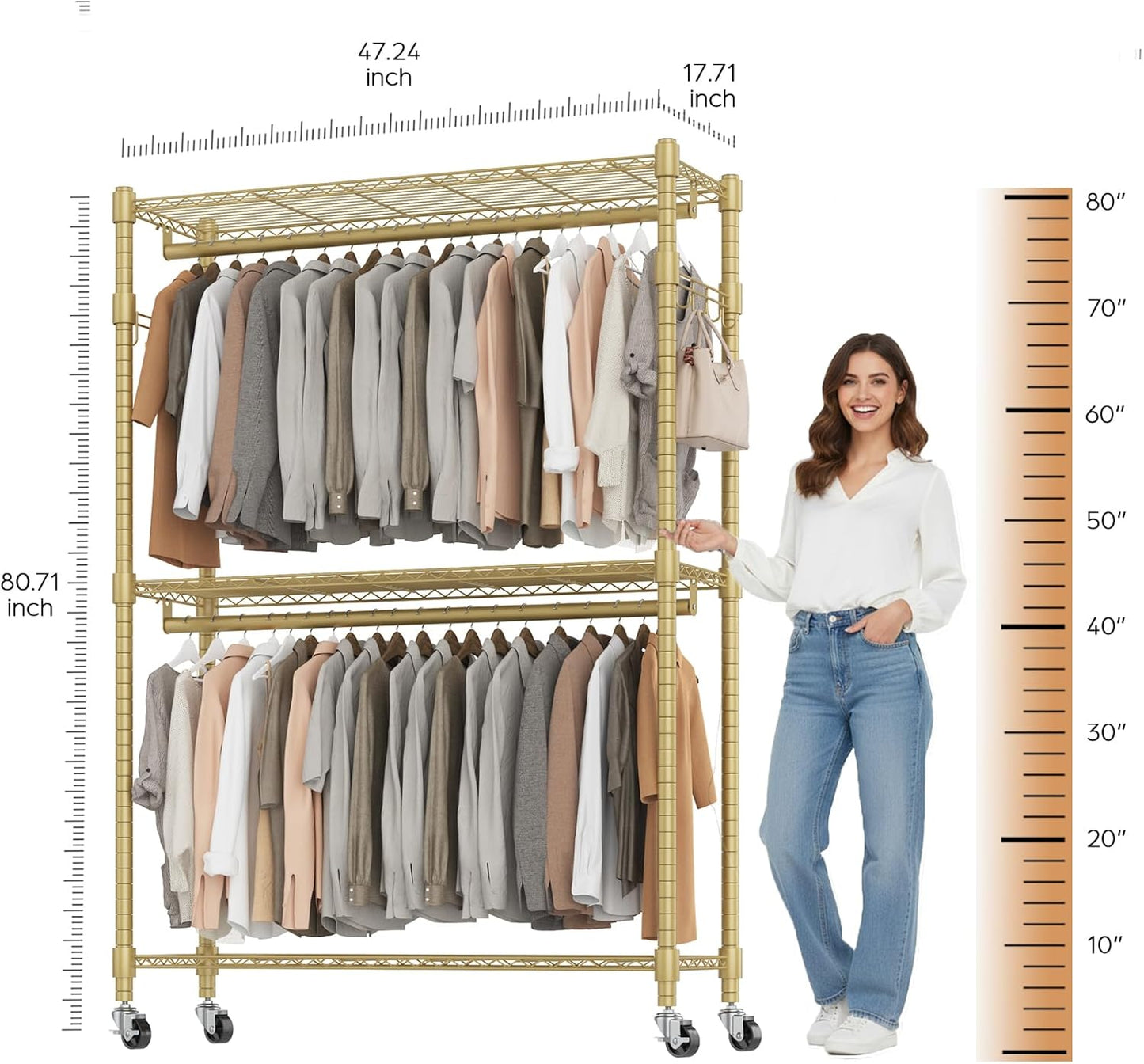 BATHWA Heavy Duty Garment Rack on Wheels, Rolling Clothes Racks for hanging clothes, Modern Closet Wardrobe Clothing Rack with 8 Side Hangers, Gold