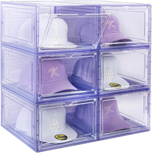 6 Pack Hat Organizer Box, Stackable Clear Baseball Caps Holder Box Containers with Magnetic Door for Hats Snapback Cap Storag, Hat Rack Display Case, Holds 8 Hats Each (Purple)