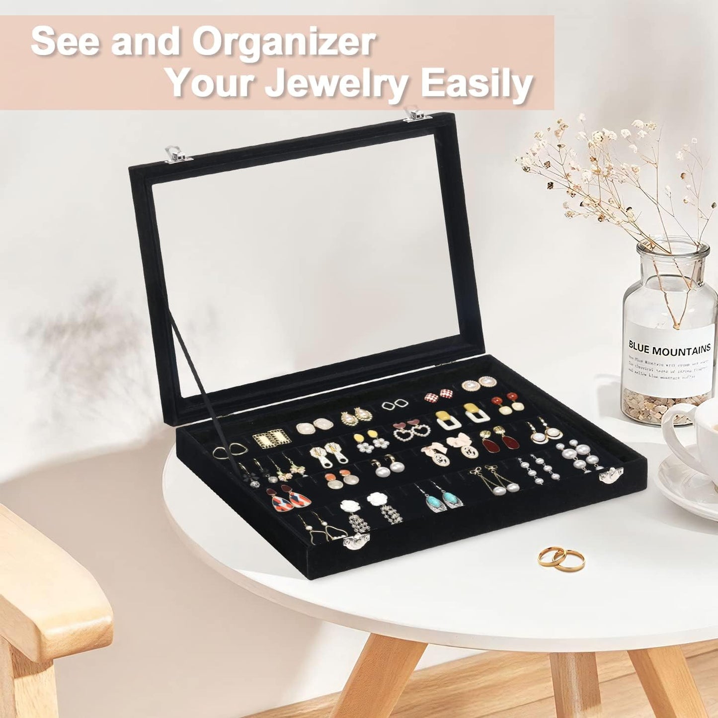 Jenseits Earring Organizer Tray, Earring Box with Clear Lid 80 Slots Velvet Drawer,Earring Tray with Lock, Jewelry Display Case for Women Girls, Black