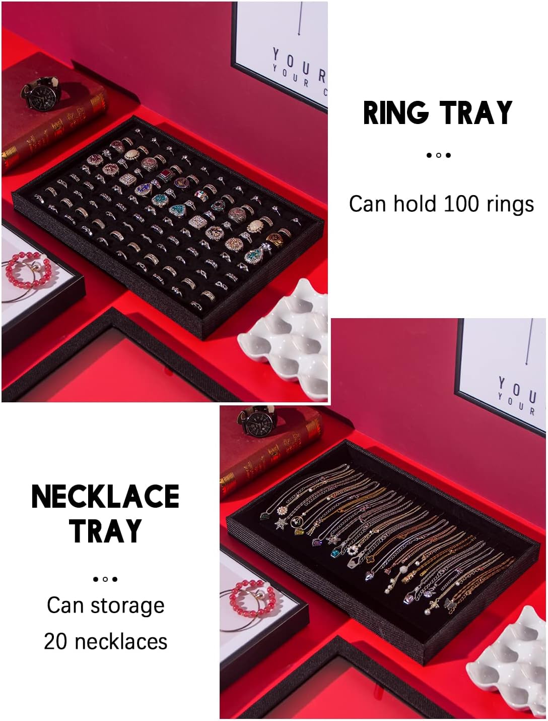 Julysky 5 Pcs/set Stackable Jewelry Organizer Trays with Glass Lid,100 Slots Ring Holder,Bracelet Displays Stand for Selling Necklace Earring Rack