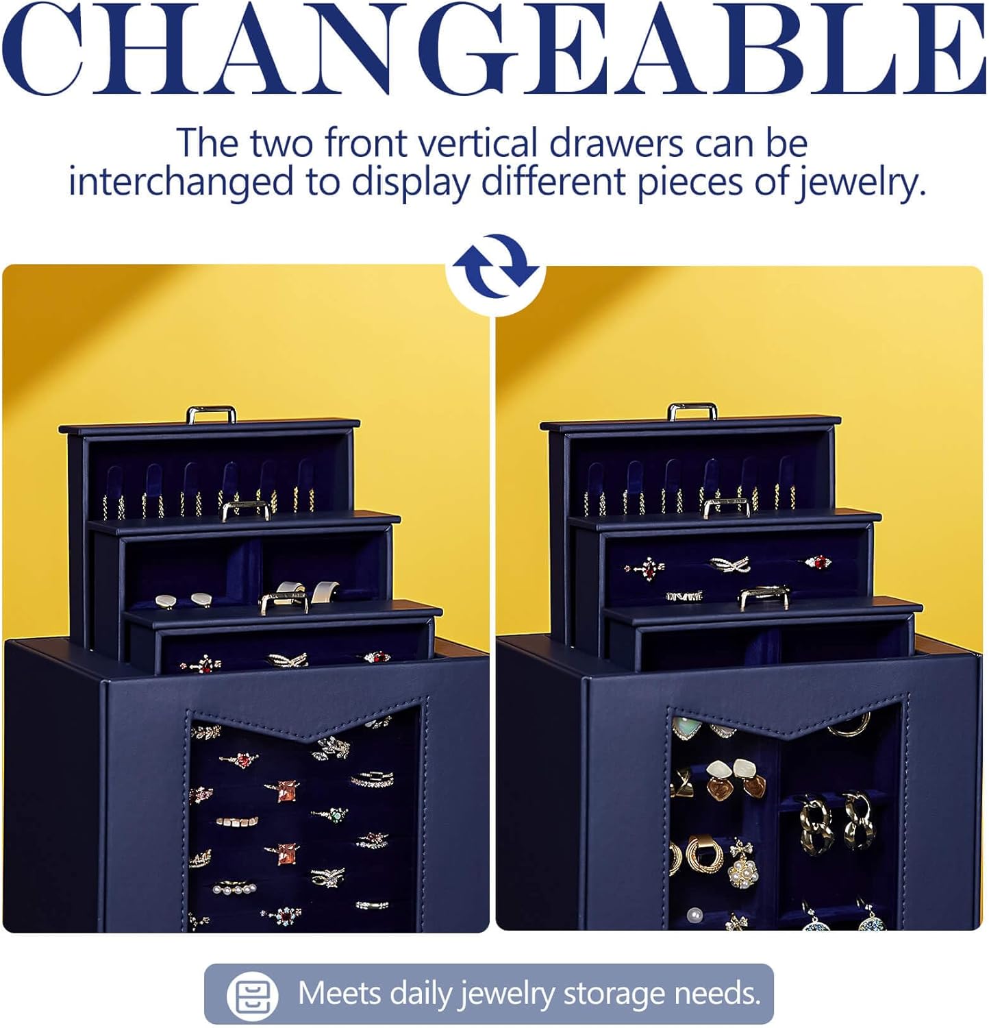 Homde Jewelry Organizer with Transparent Window Necklace Hooks Gift for Women Jewelry Box Display Case for Necklaces Rings Earrings Bracelets and Other Accessories (Dark Blue)