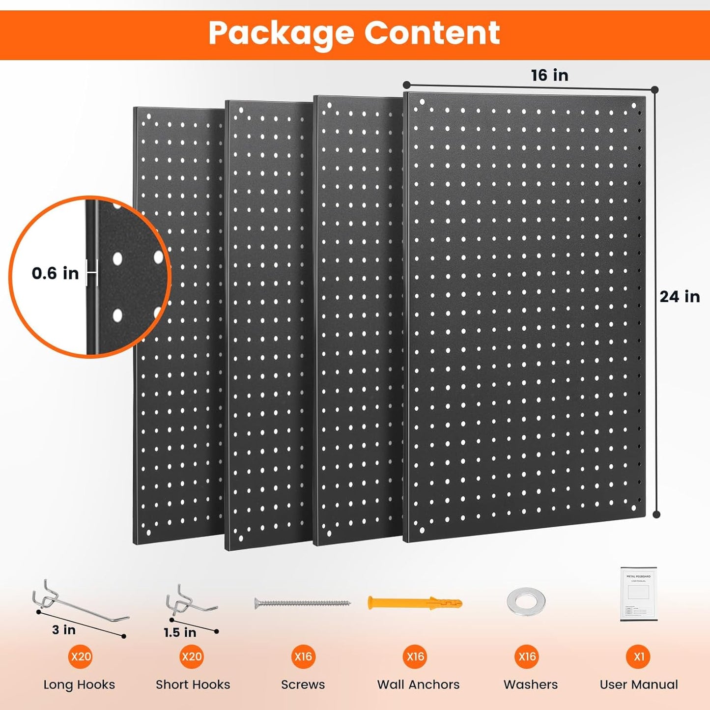 Pegboard, 4 PCS 24"×16" Metal Peg Board Panels Black Modular Wall Organizer Kit with 40 Hooks, Dual-Size Hole Design for Home Tool Storage, Garage Organization, Kitchen, Office, Craft Room